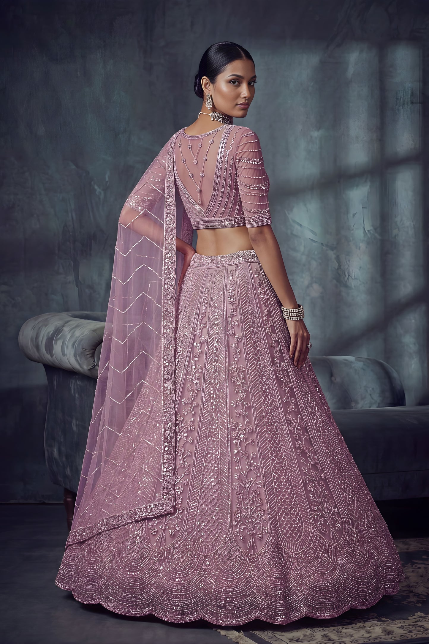 Stunning Lavender Net Lehenga Choli with Heavy Embroidery Work for Wedding