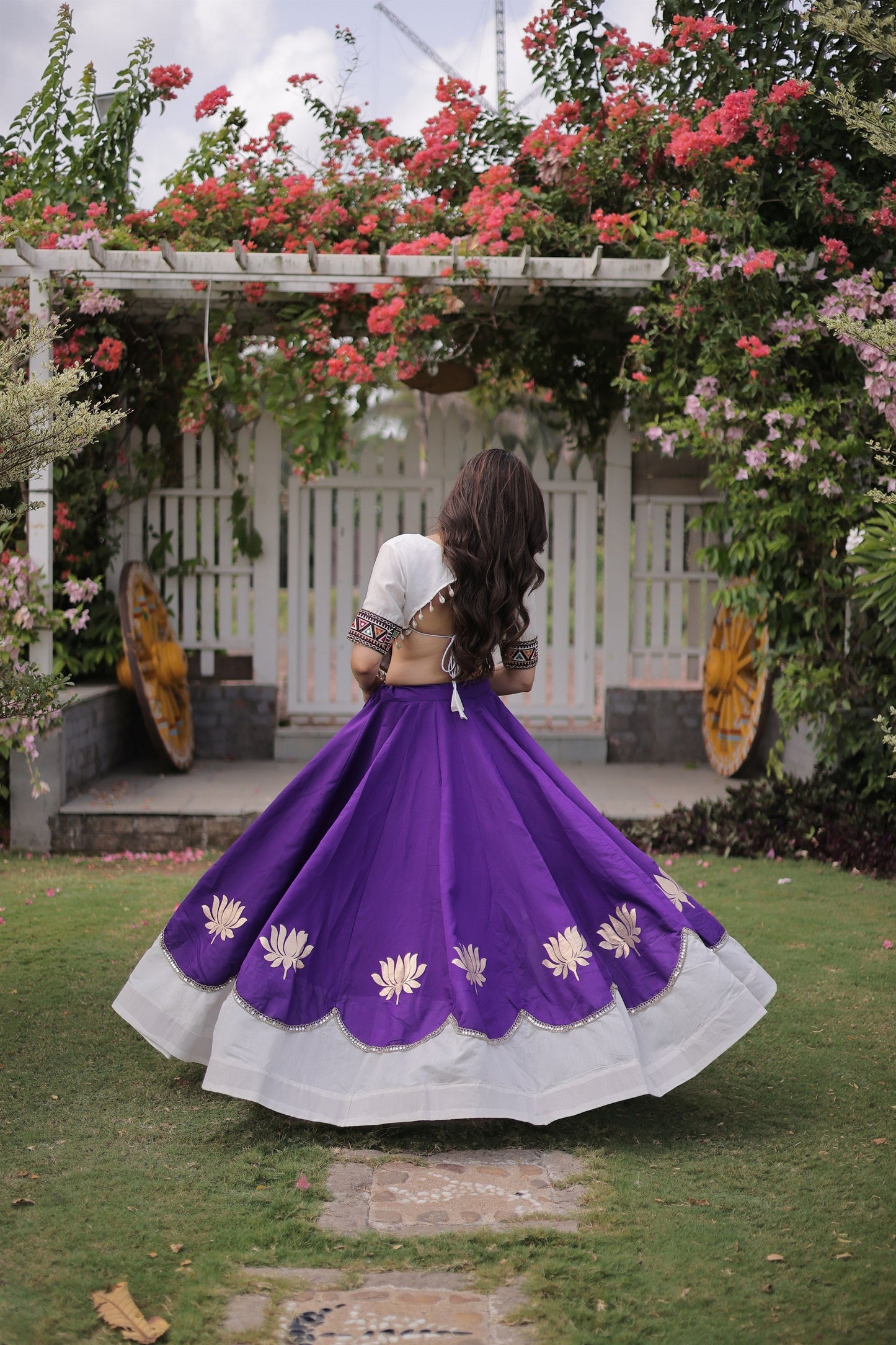 Beautiful White and Purple Roman Silk Navratri Lehenga Choli with Kutchi Gamthi Embroidery Work