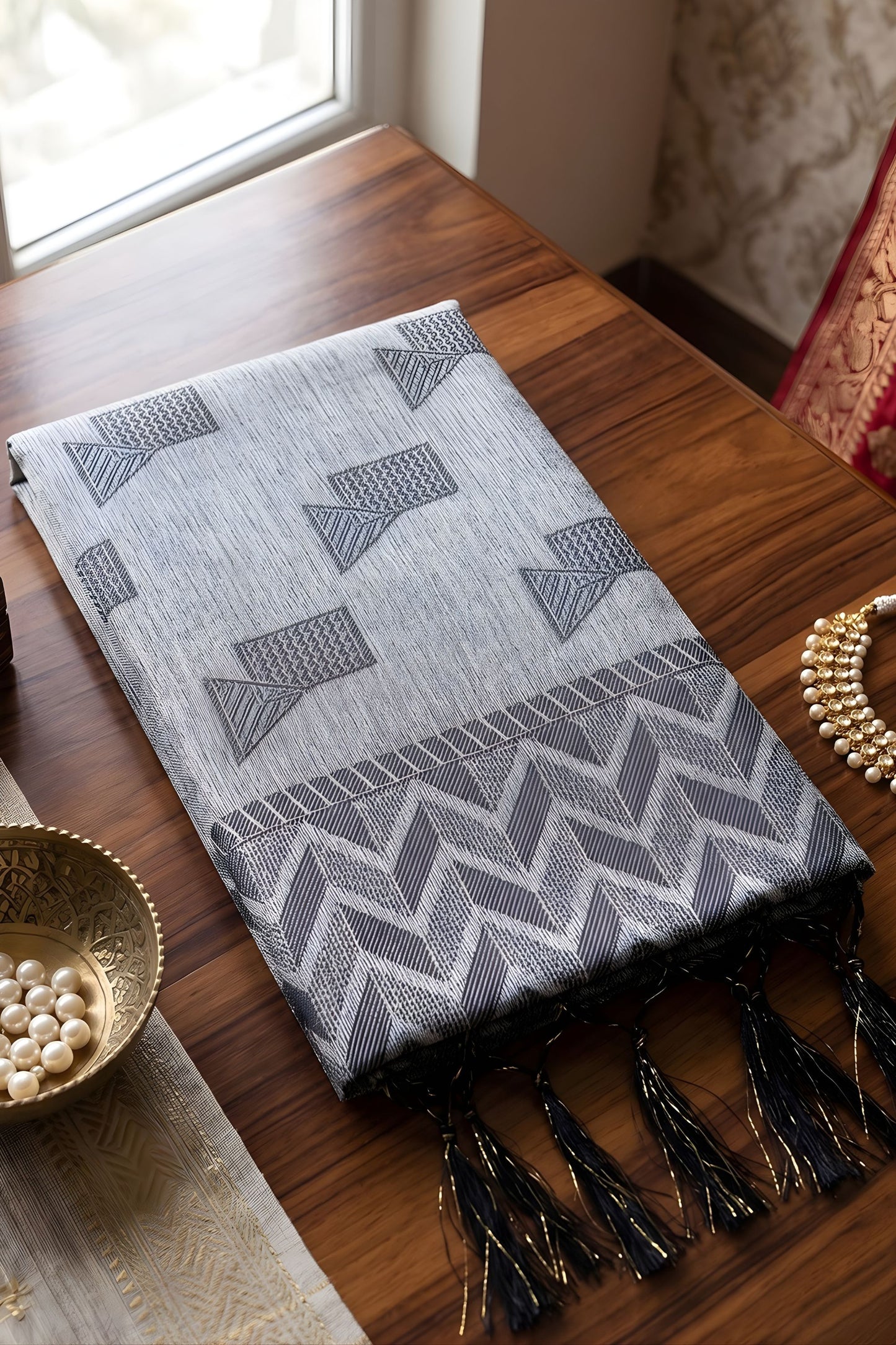 Elegant Light Grey Linen Woven Resham Designer Saree for Women