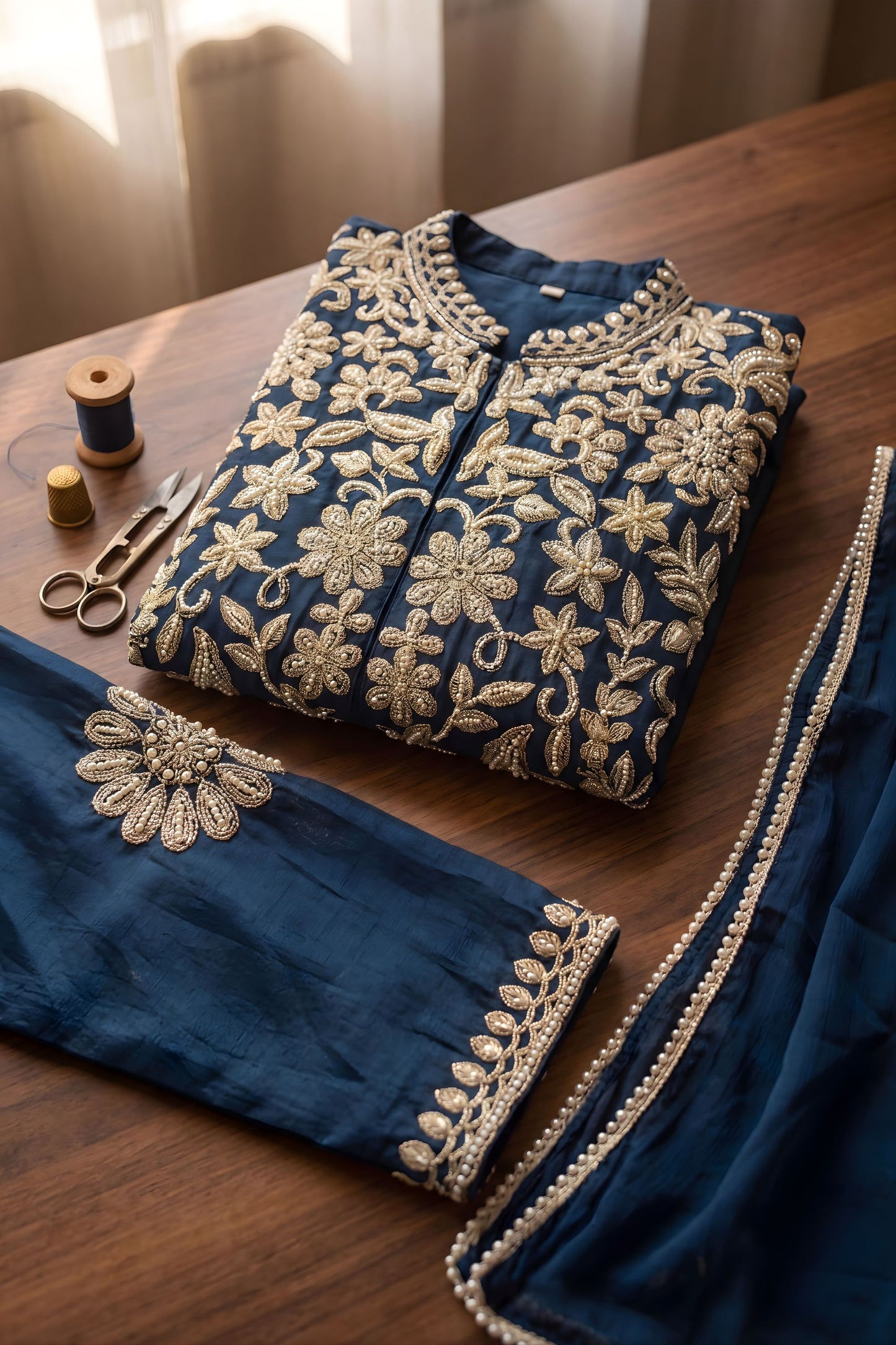 Elegant Navy Blue Chinon Palazzo Suit Heavy Embroidery Work Dupatta