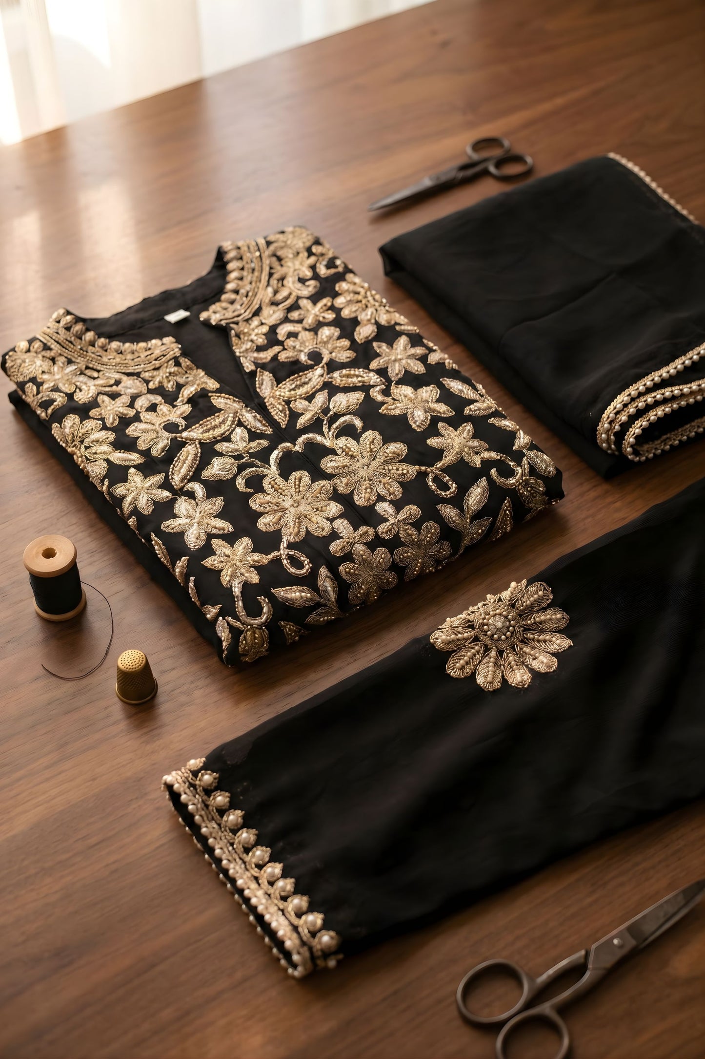 Premium Black Chinon Palazzo Suit Heavy Embroidery Work Dupatta