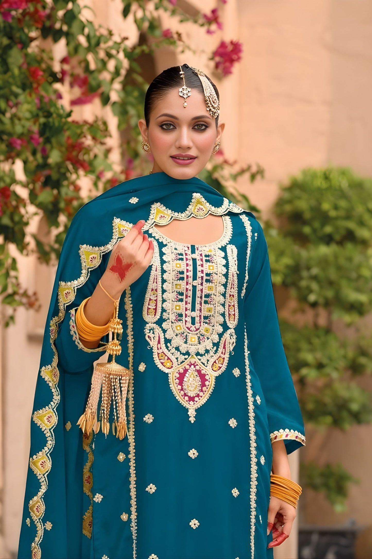 Royal Teal Blue Organza Chiffon Palazzo Suit Heavy Embroidery Work Dupatta