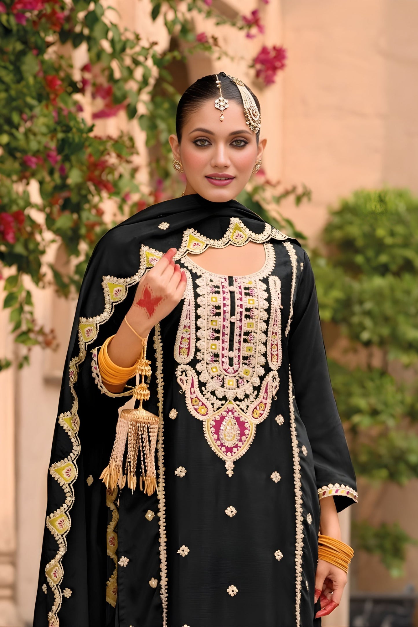 Premium Black Organza Chiffon Palazzo Suit Heavy Embroidery Work Dupatta
