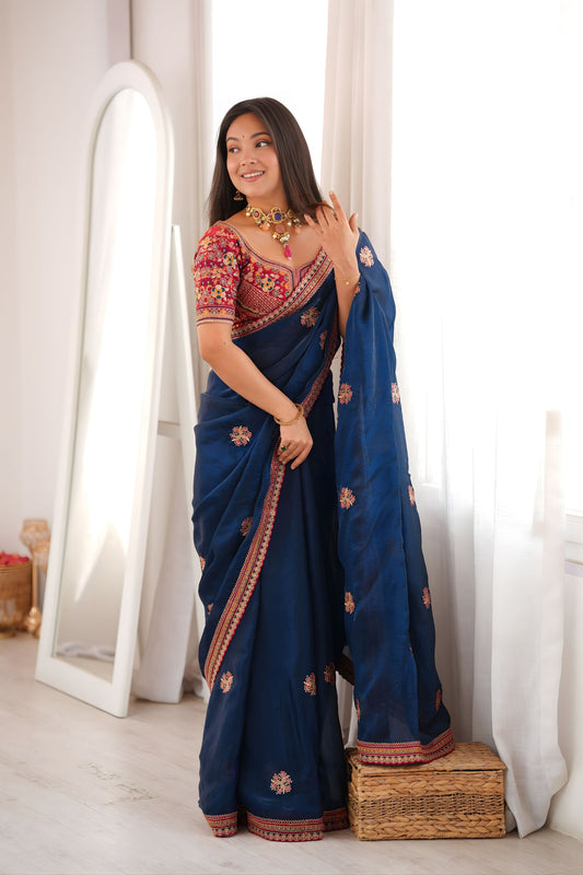 Royal Navy Blue Fendy Satin Sequin Embroidery Work Saree for Wedding