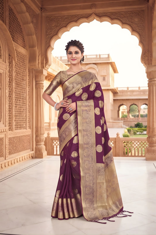Beautiful Wine Viscose Silk Weaving Jari Saree for Wedding