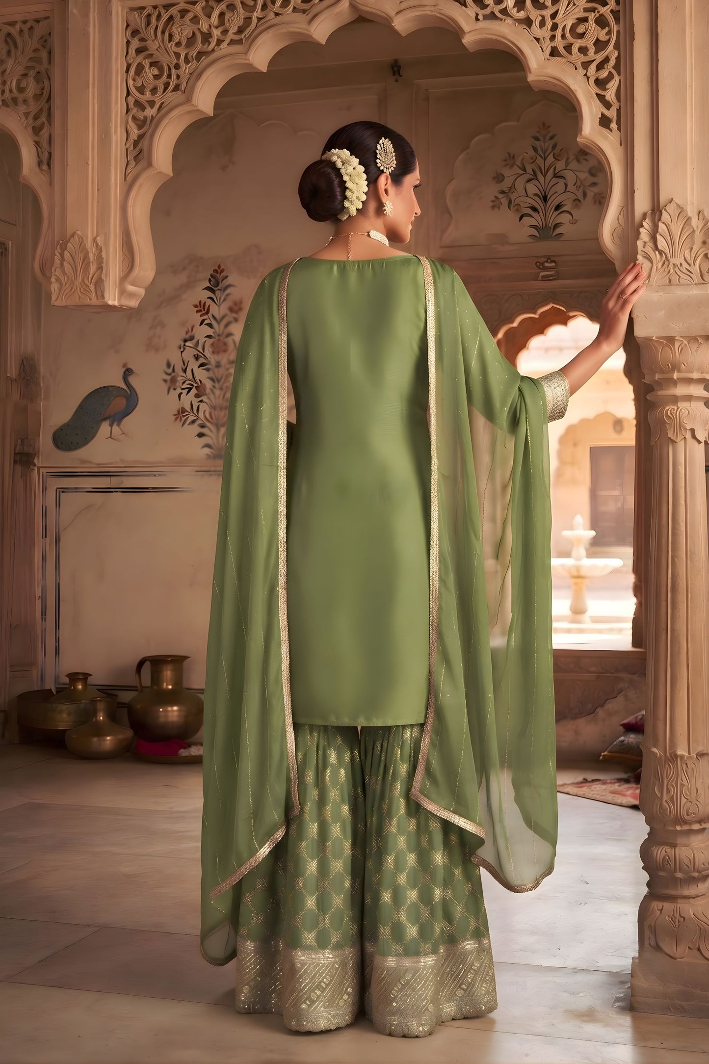 Gracefull Olive Green Viscose Designer Embroidery Work Palazzo Suit
