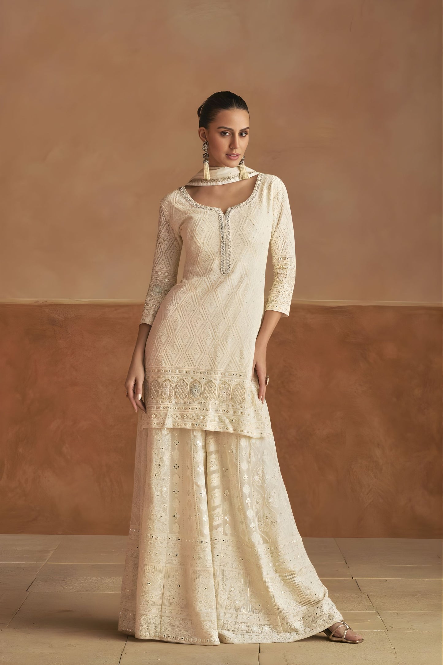 Stylish Off White Georgette Heavy Embroidery Work Palazzo Suit Dupatta for Women