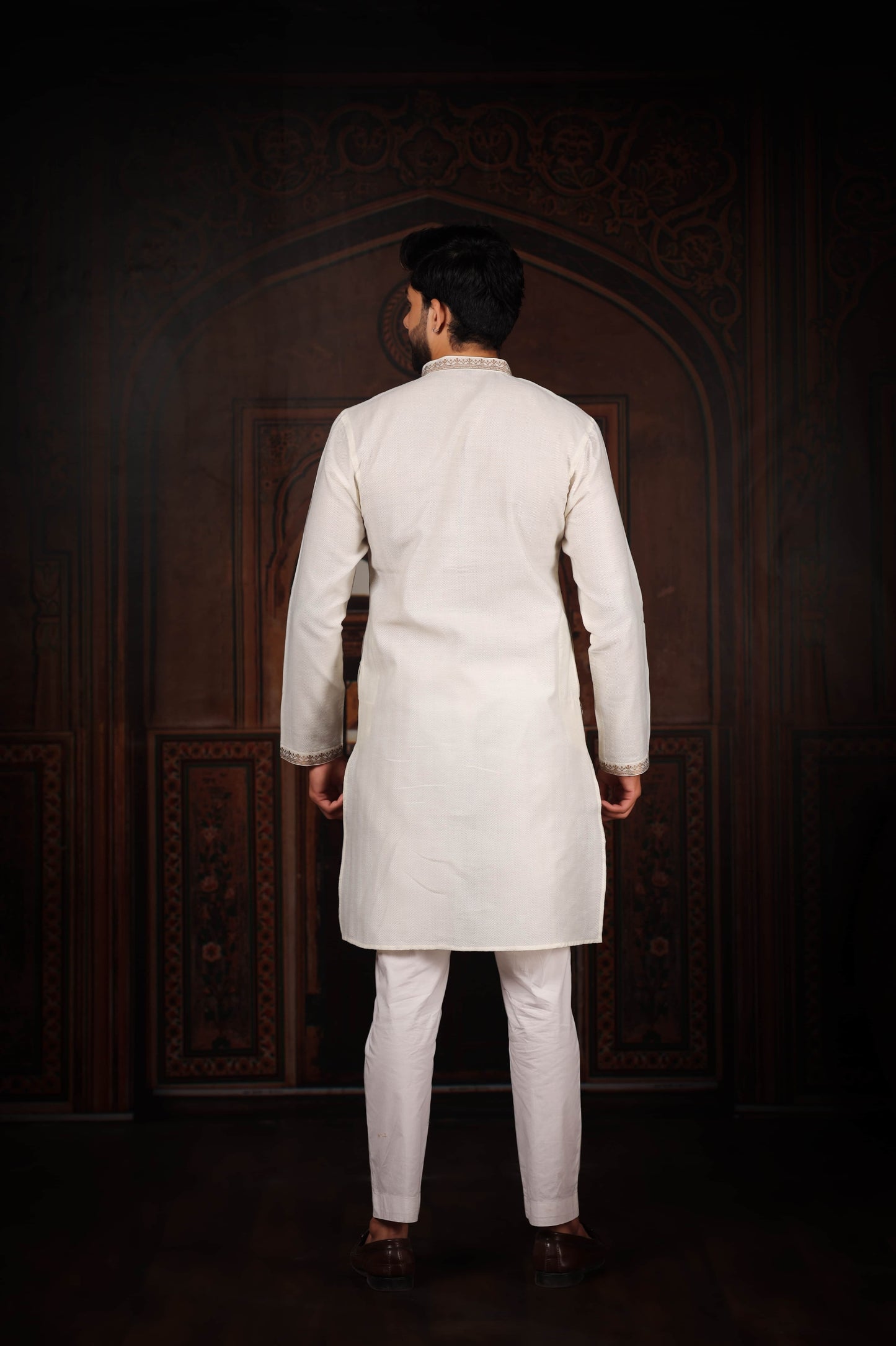 Stylish Off White Cotton Designer Kurta Pyjama Set for Men with Jacquard Work
