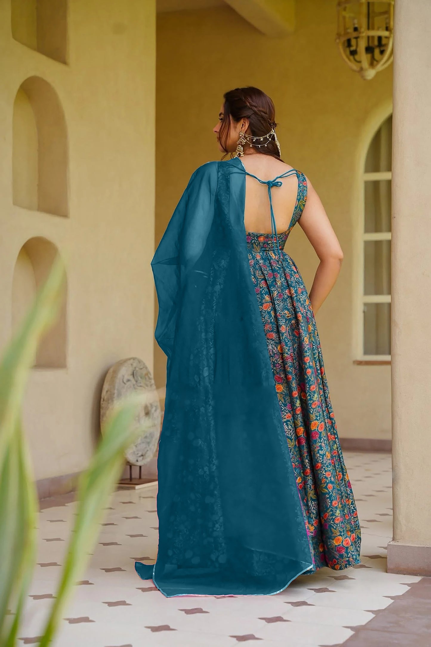 Admirable Teal Blue Digital Printed Silk Gown with Matching Dupatta for Women