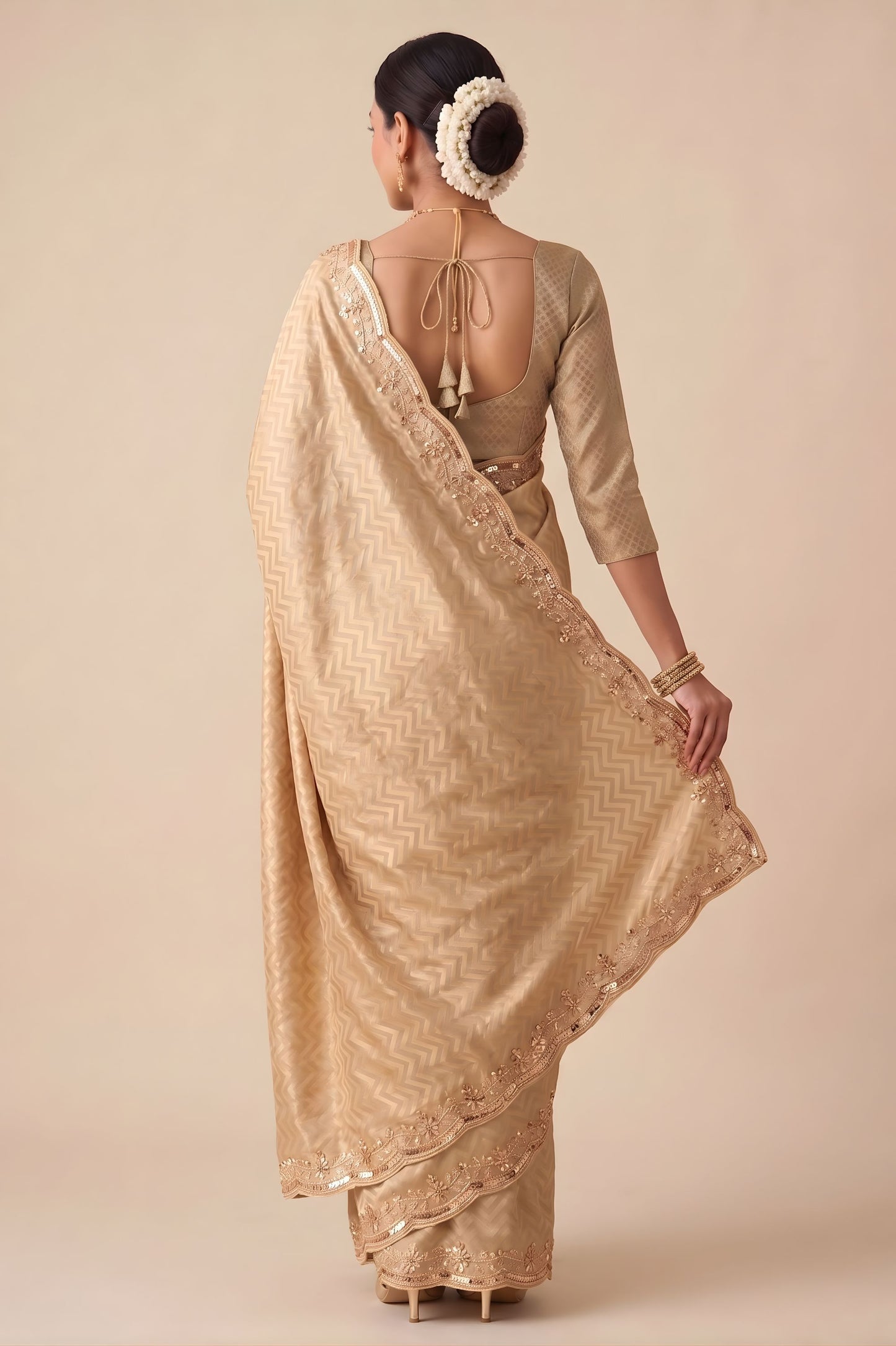 Premium Beige Banarasi Silk Woven Designer Hand Work Saree for Women