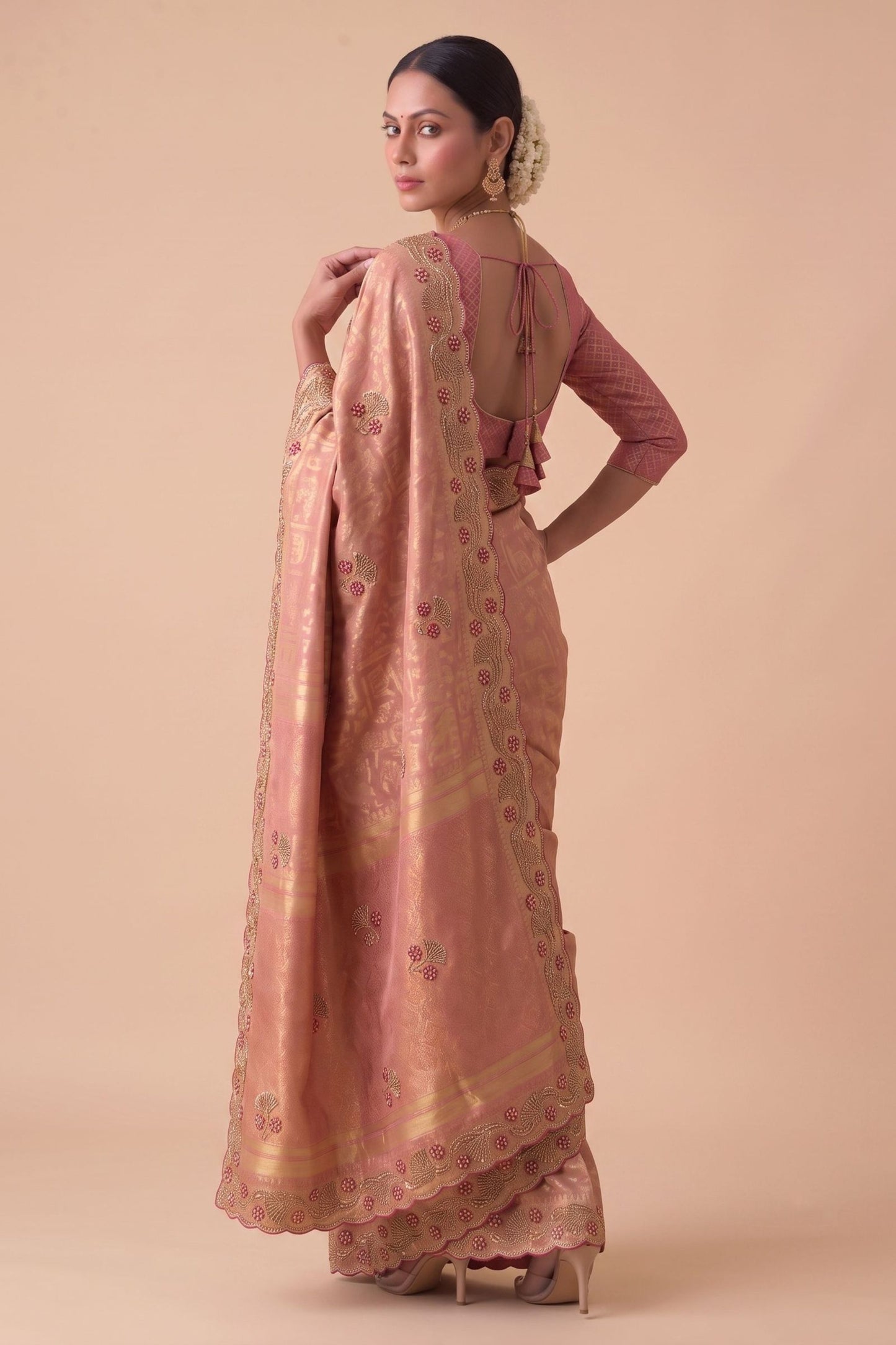 Beautiful Rose Pink Banarasi Silk Woven Saree Hand Work for Women