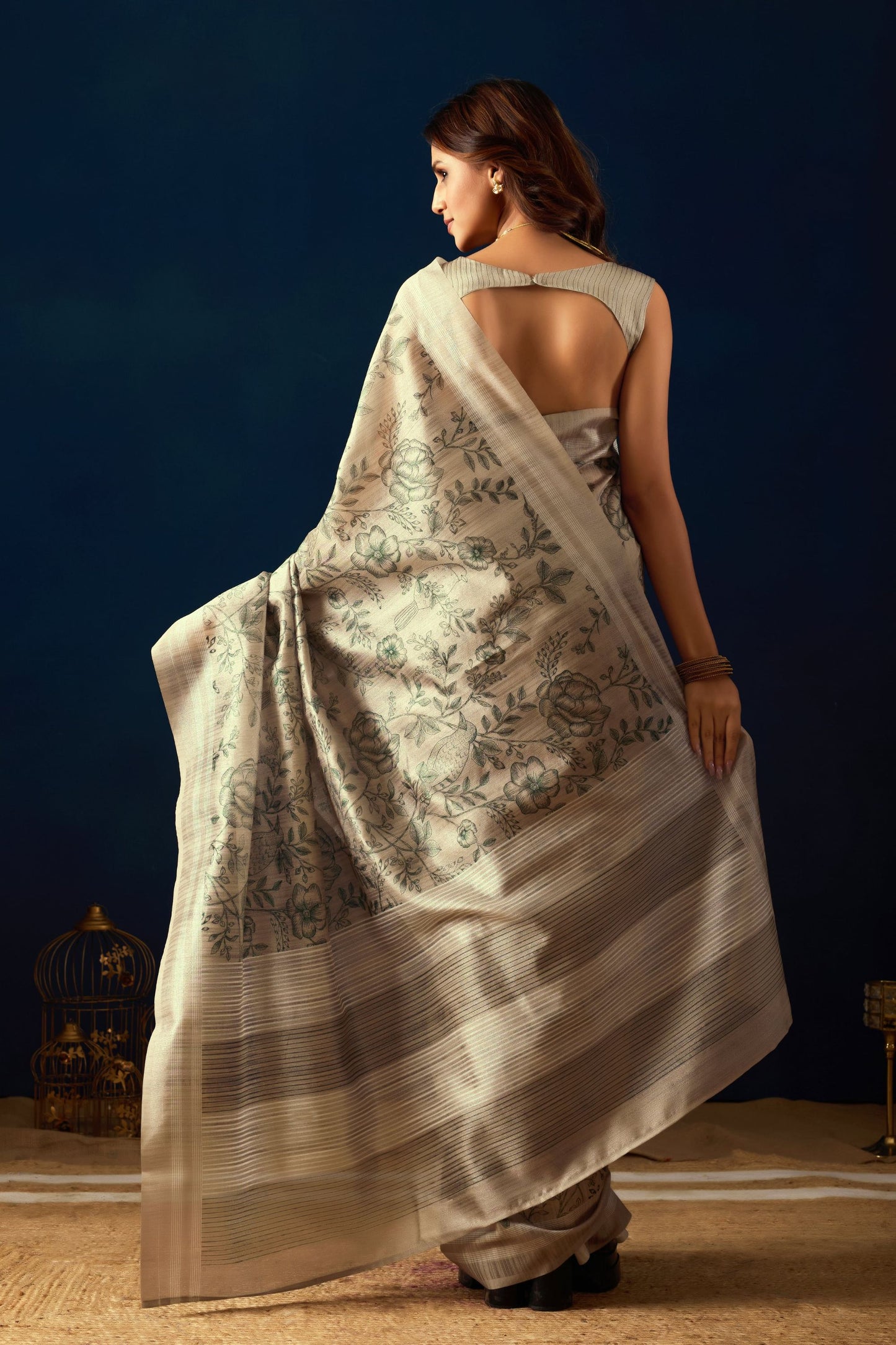 Graceful Beige Jute Silk Saree Designer Printed Work for Women