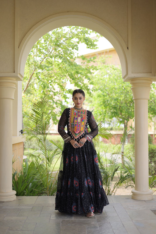 Stunning Black Faux Georgette Designer Gown with Bandhani Printed Flared Skirt