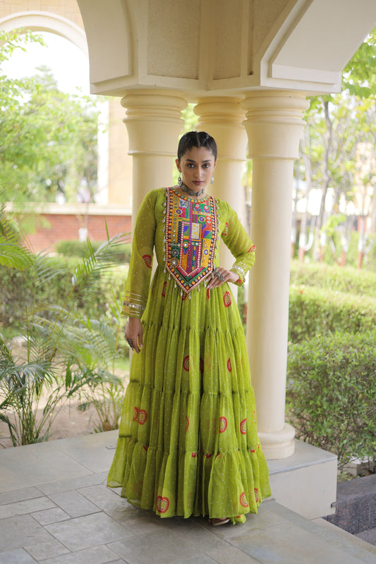 Gorgeous Green Faux Georgette Designer Gown with Bandhani Printed Flared Skirt
