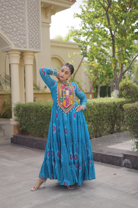 Delicate Sky Blue Faux Georgette Designer Gown with Bandhani Printed Flared Skirt