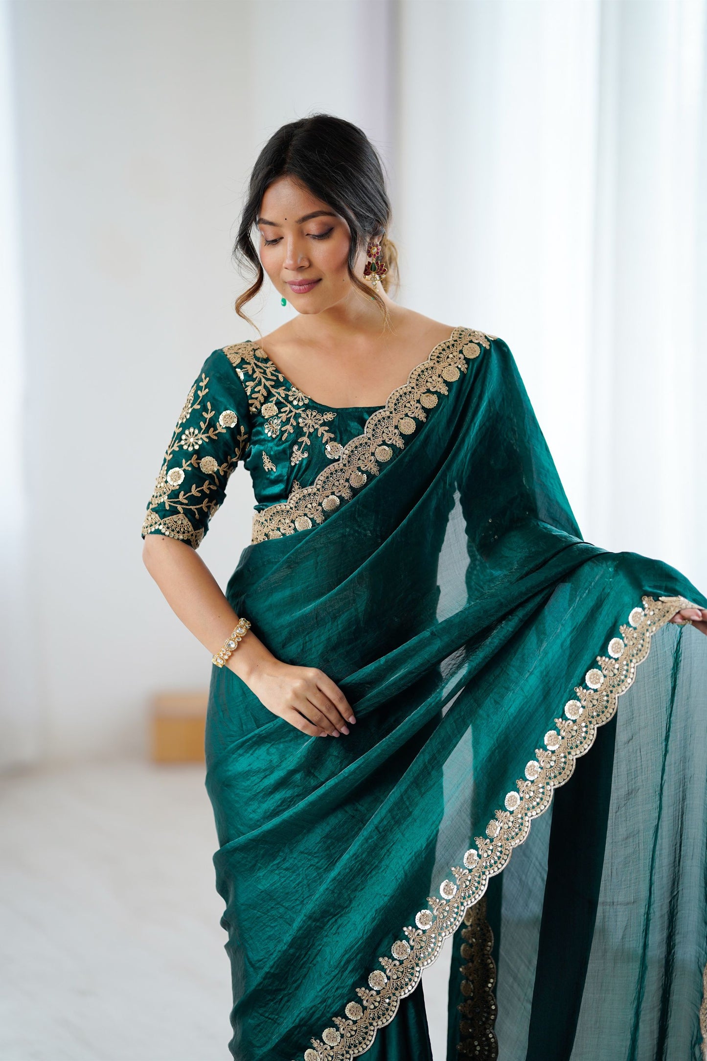 Gracefull Bottle Green Fendy Satin Sequins Embroidery Work Saree for Women