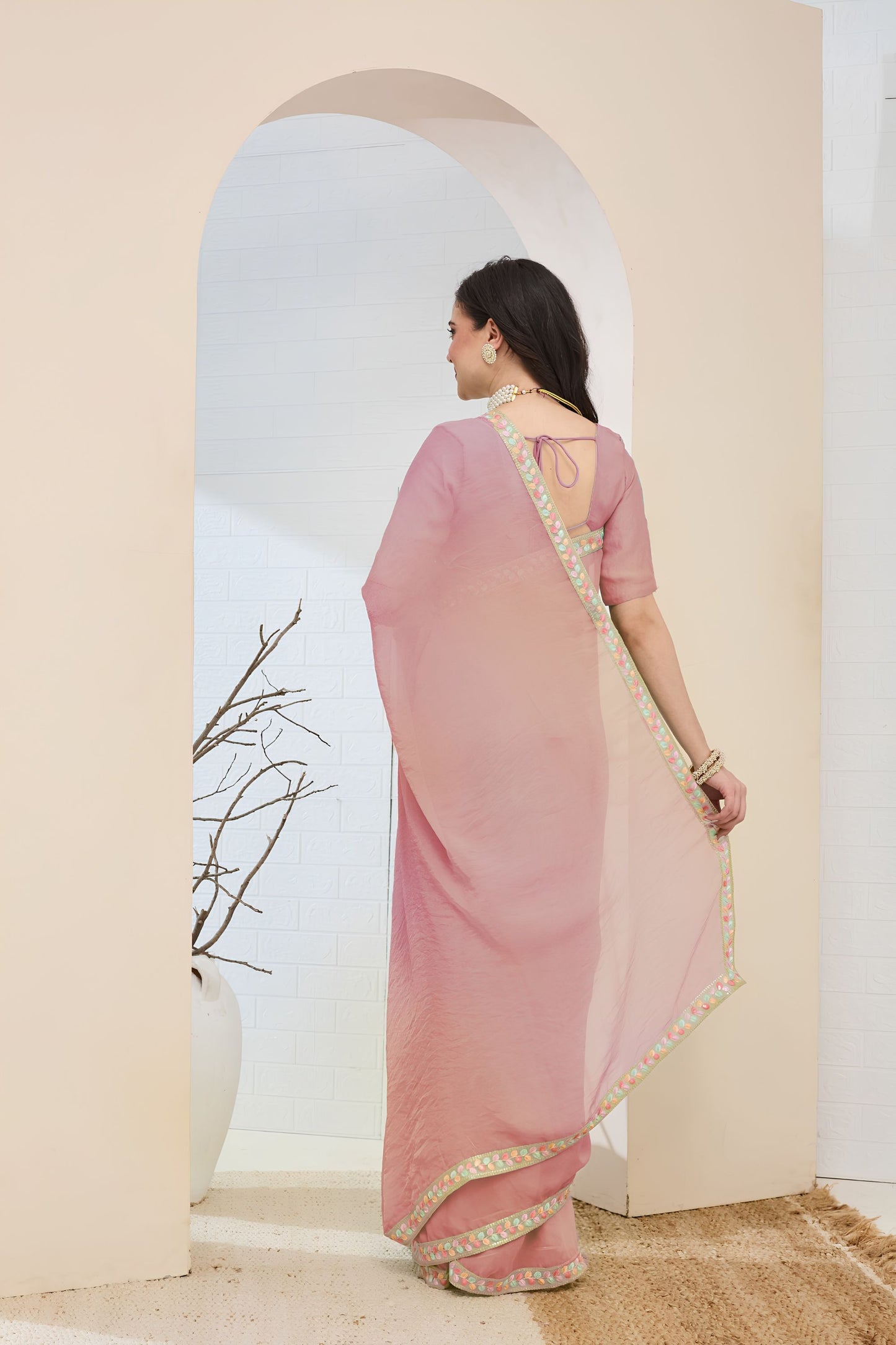 Premium Dusty Pink Silk Blend Saree Lace Work Border for Women