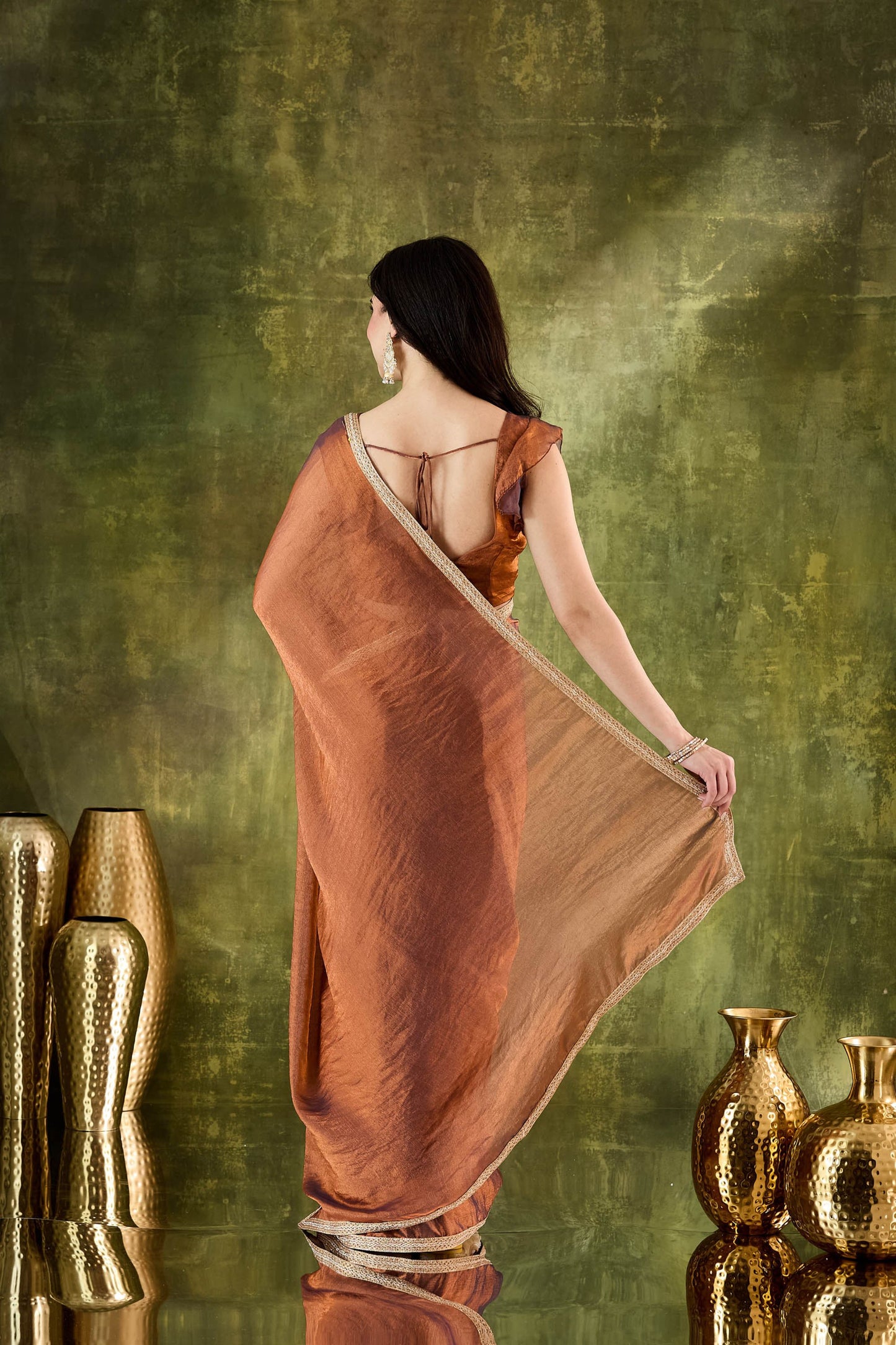 Premium Copper Brown Silk Blend Saree Lace Border for Women