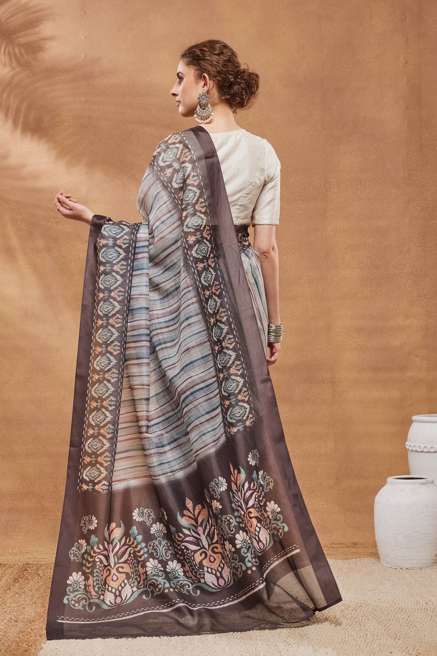 Traditional Grey Silk Blend Designer Printed Saree for Women