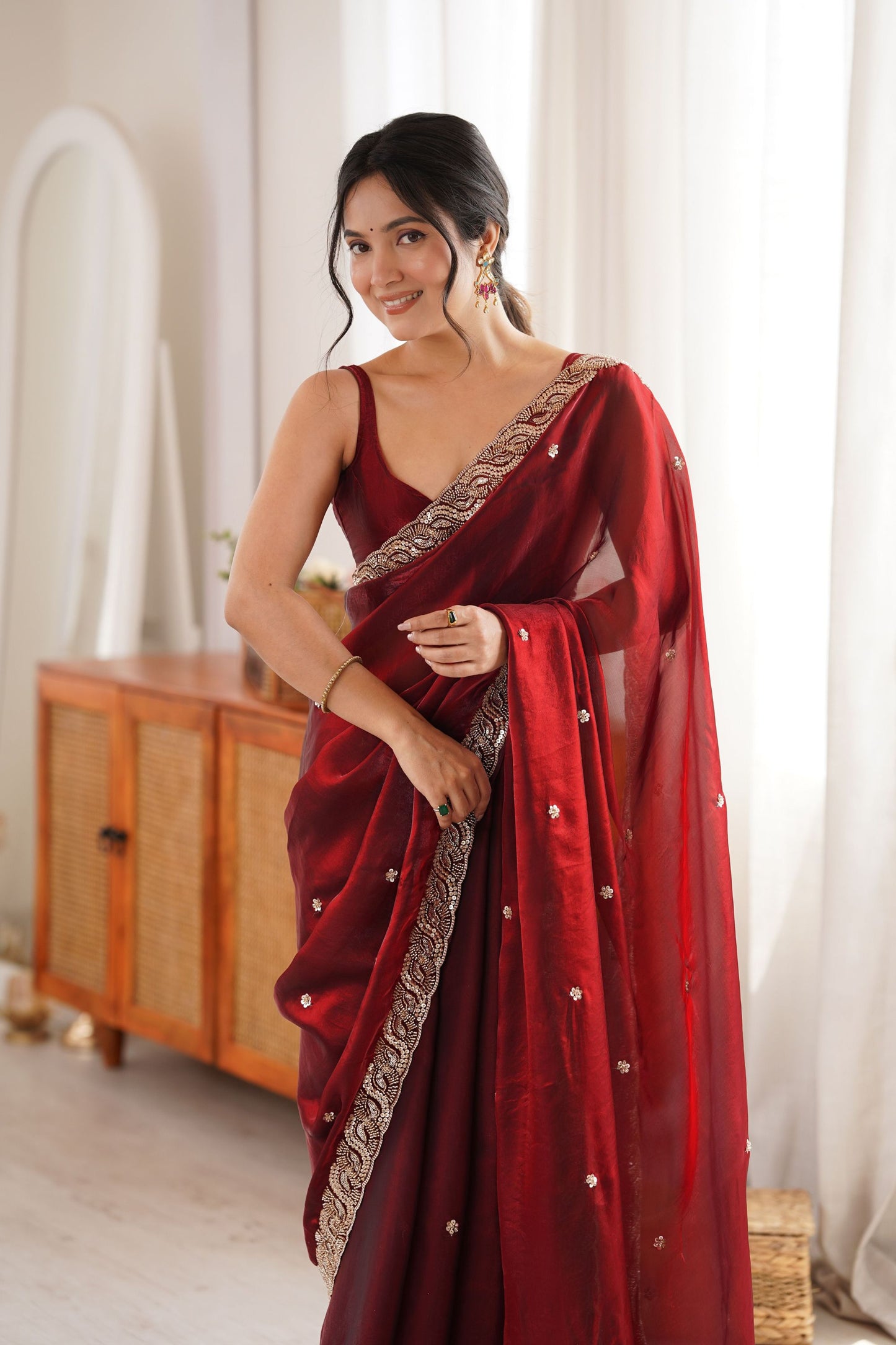 Royal Wine Red Fendy Satin Saree Beads Embroidery Work for Women