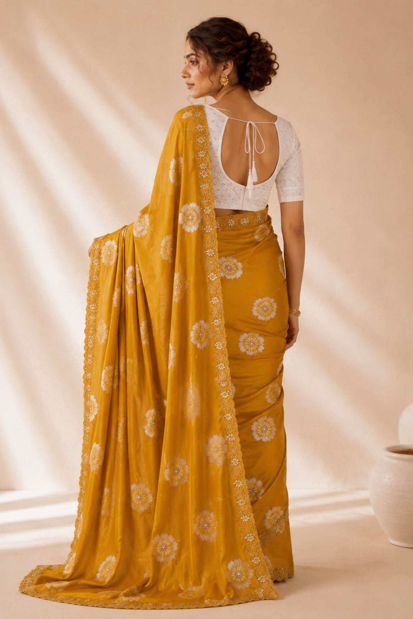 Stylish Mustard Yellow Floral Printed Saree Embroidery Work for Women