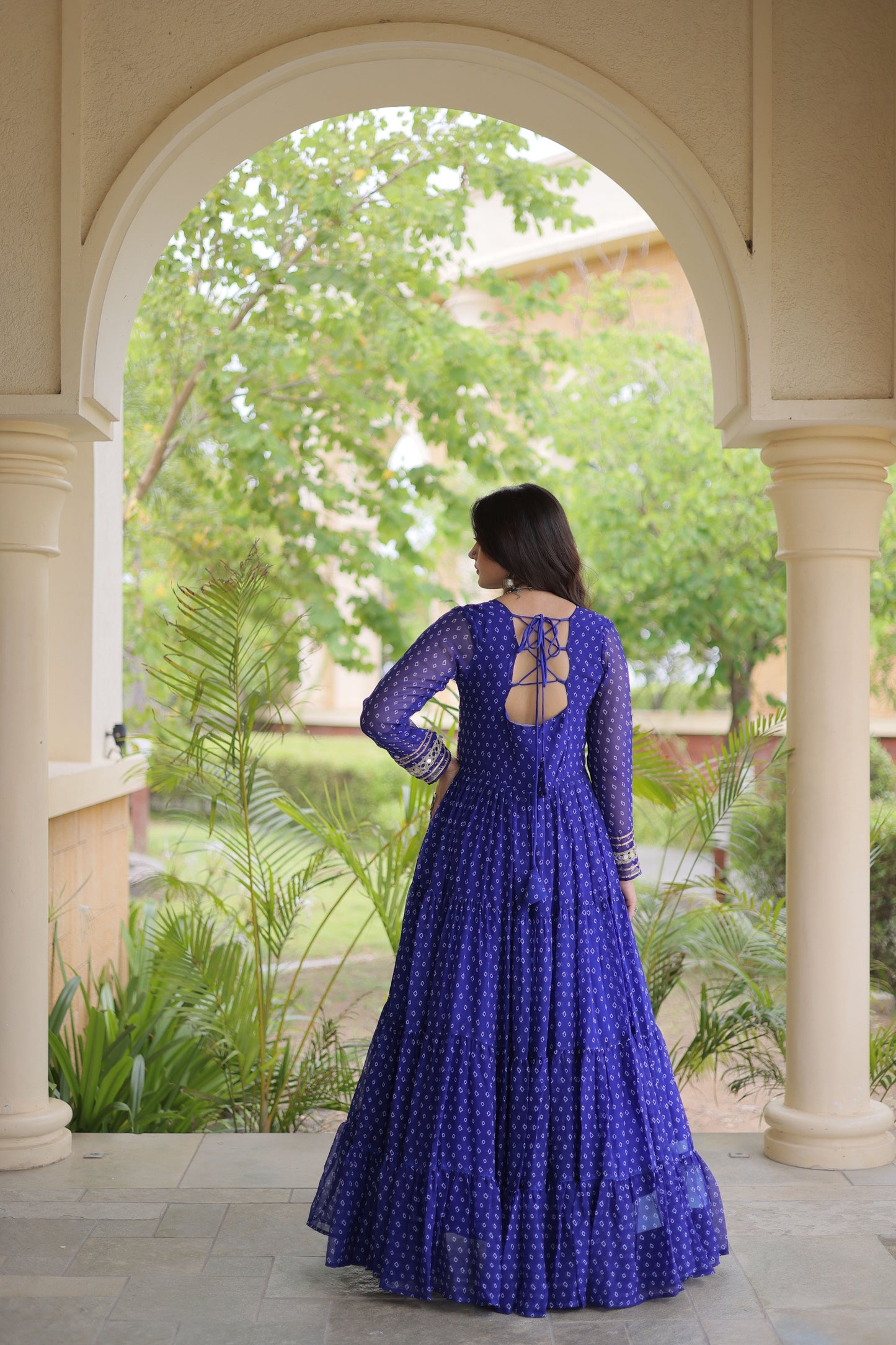 Elegant Navy Blue Faux Georgette Bandhani Printed Designer Gown with Kutchi Patch Work