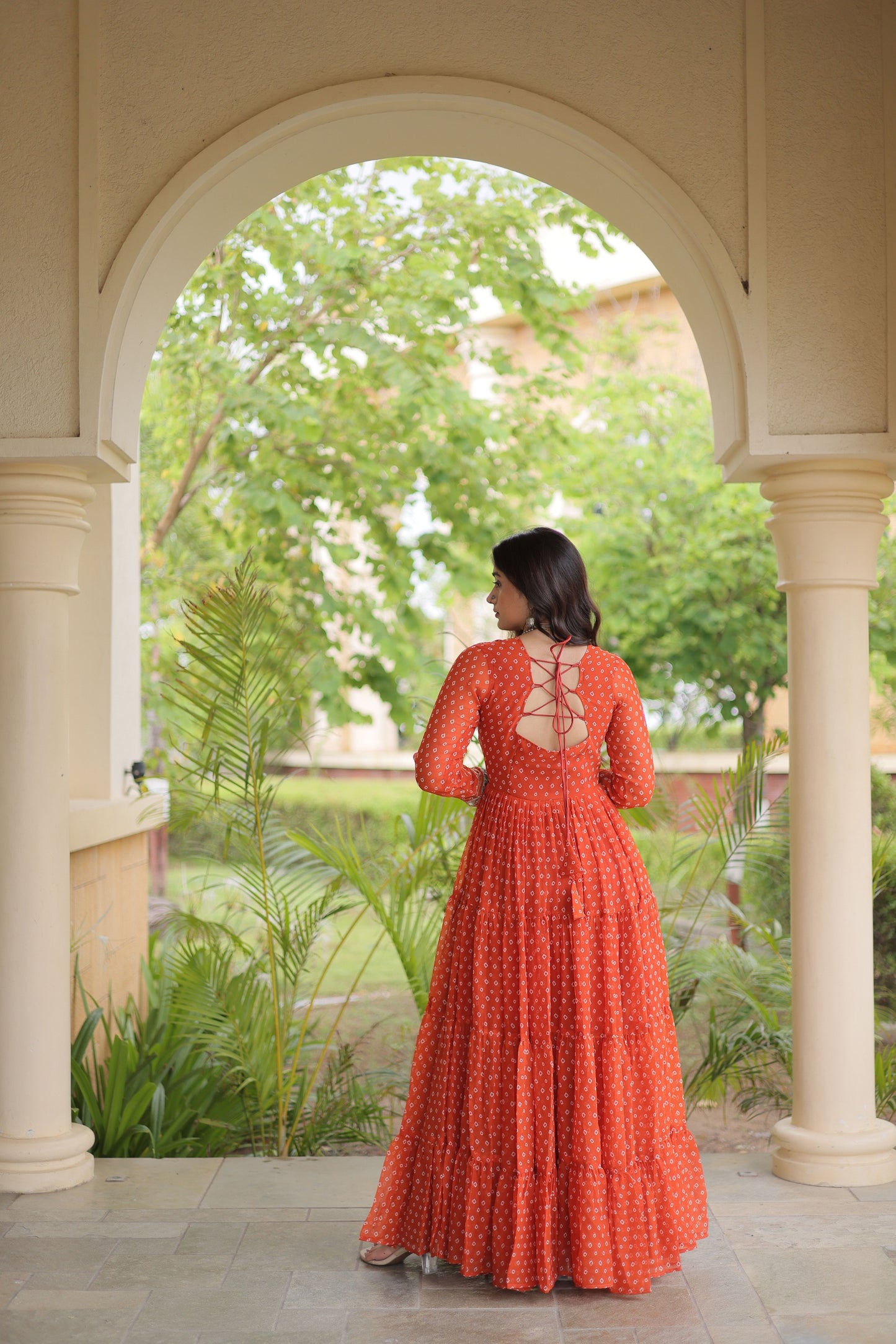 Stunning Orange Faux Georgette Bandhani Printed Designer Gown with Kutchi Patch Work