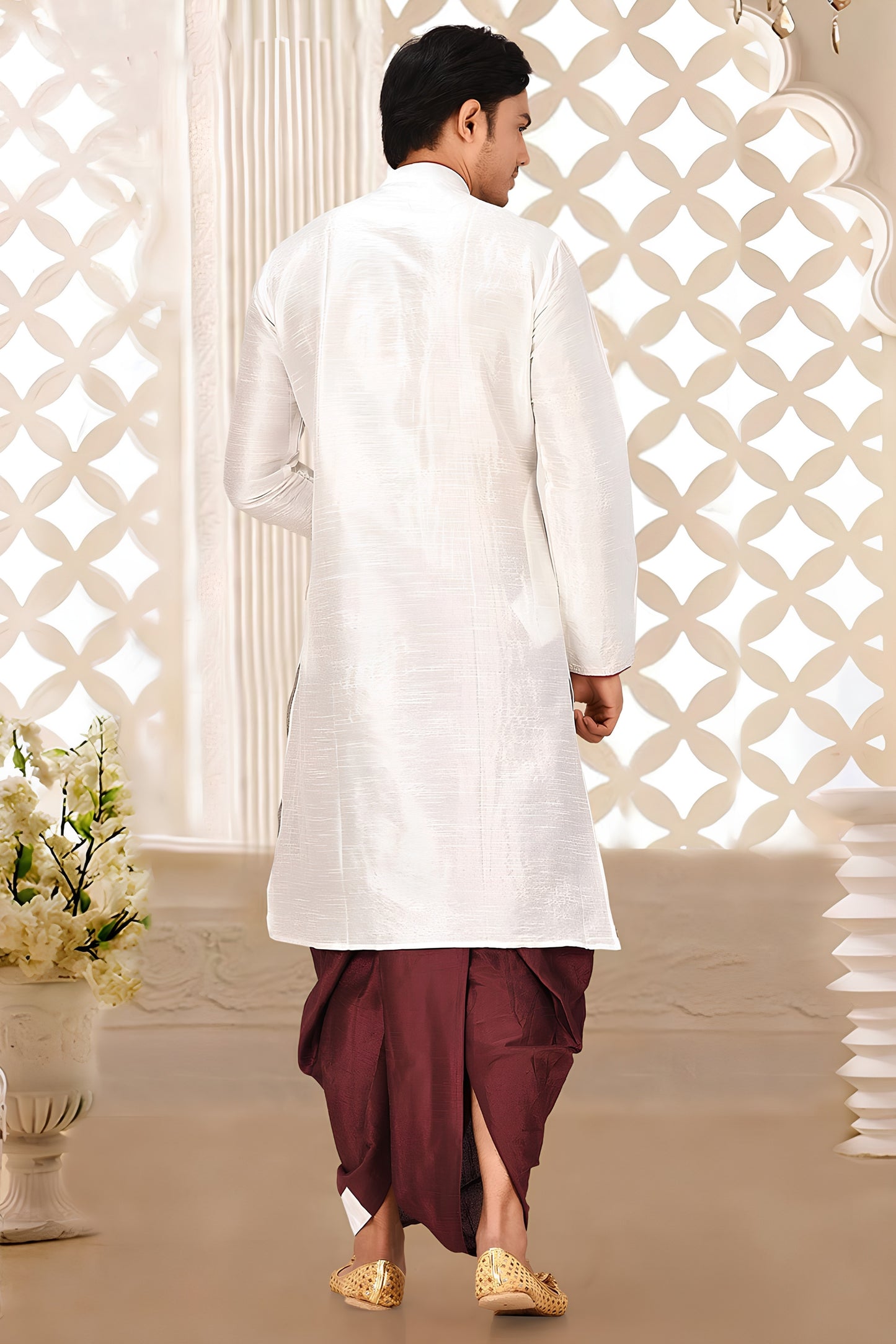 Elegant White Art Silk Kurta with Maroon Dhoti Style Pyjama for Men