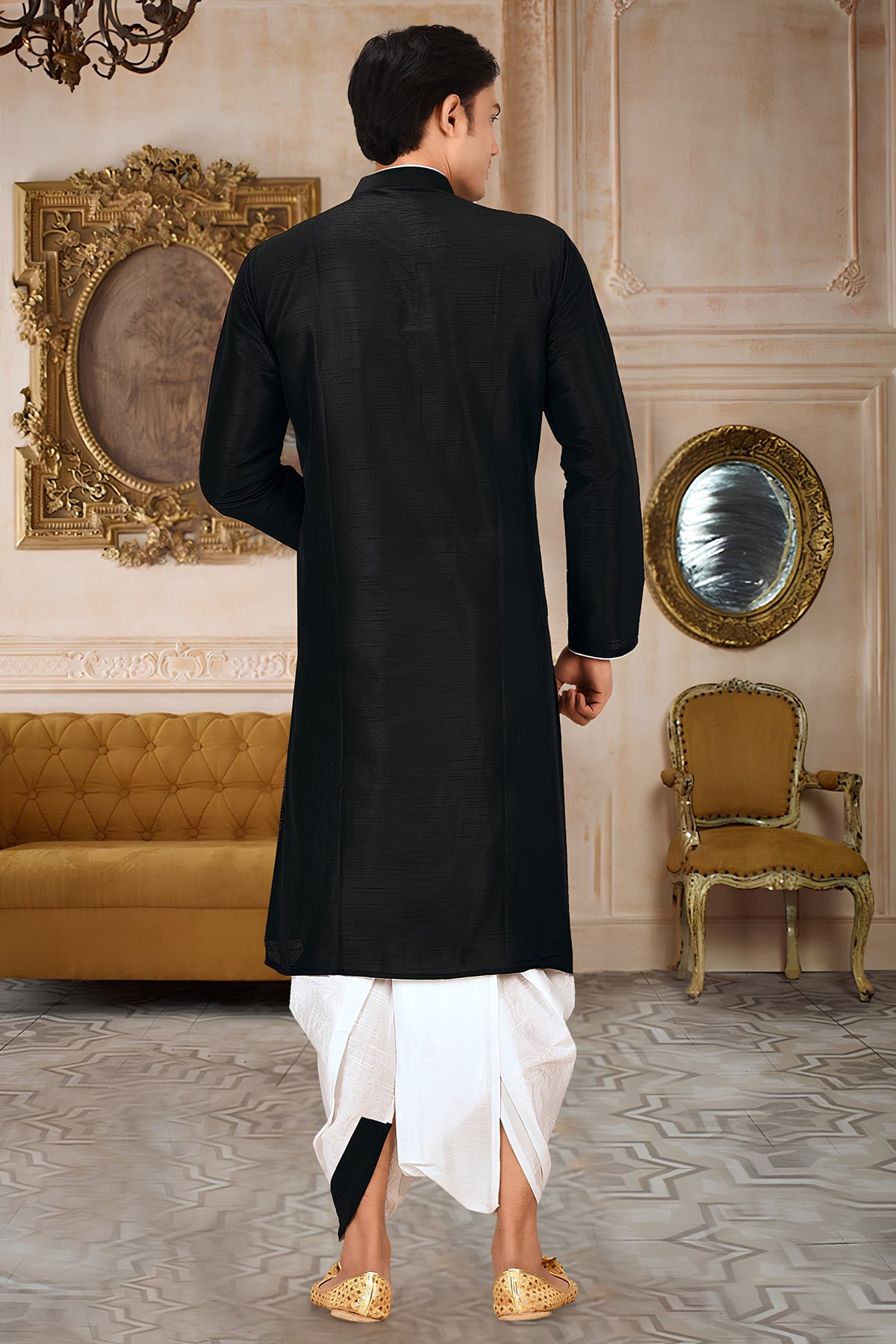 Admirable Black Art Silk Kurta with White Dhoti Style Pyjama for Men