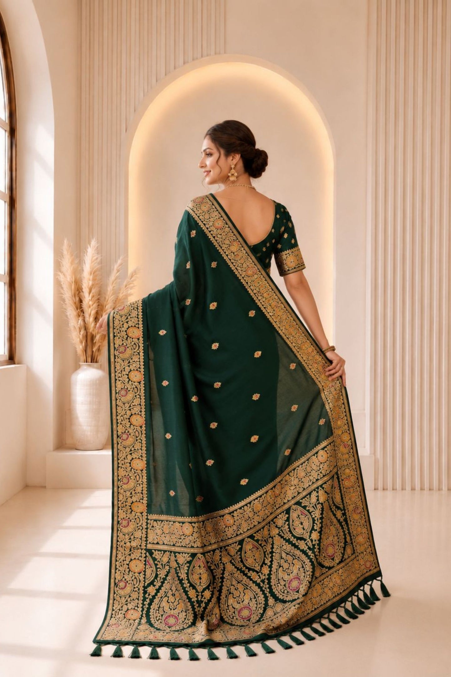 Graceful Bottle Green Banarasi Silk Woven Jacquard Designer Saree for Women