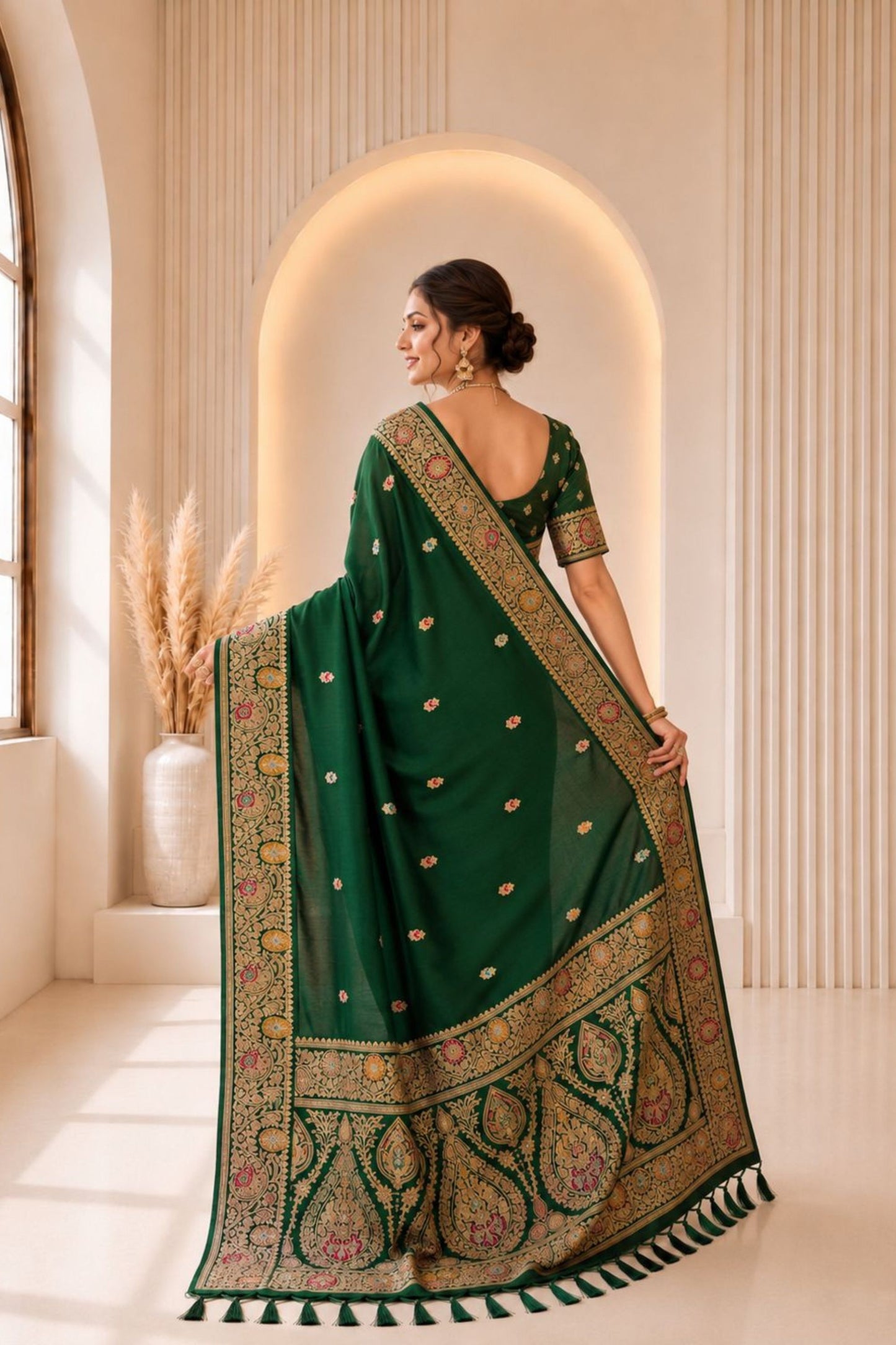 Elegant Bottle Green Banarasi Silk Woven Jacquard Designer Saree for Women