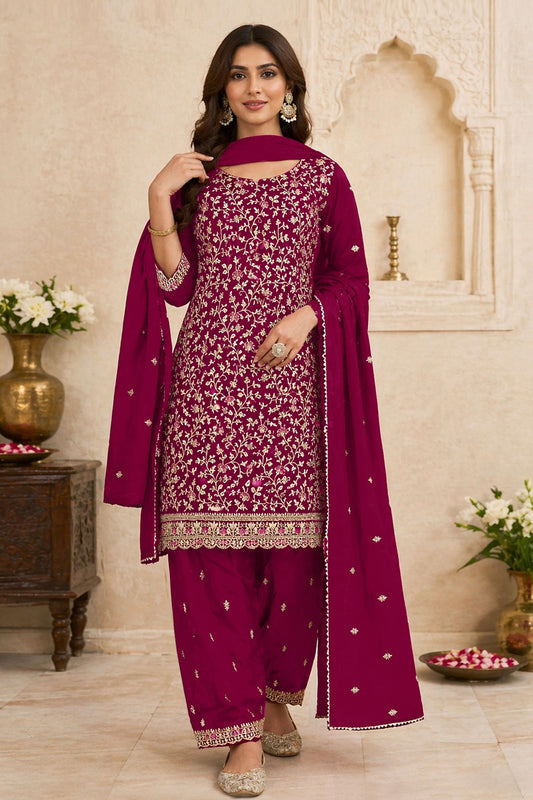 Elegant Rani Pink Georgette Straight Salwar Suit Embroidery Work Dupatta