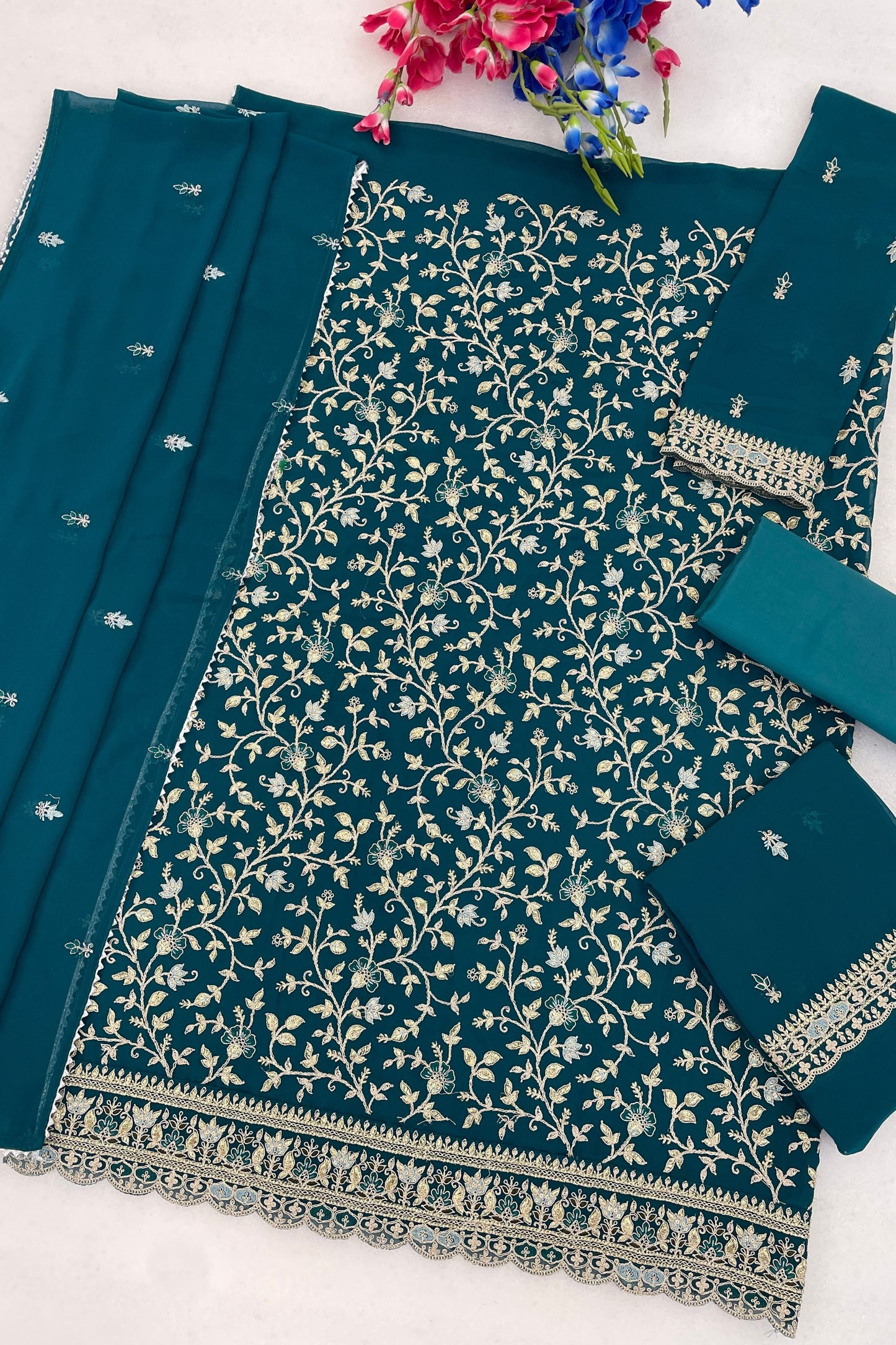 Royal Teal Blue Georgette Straight Salwar Suit Embroidery Work for Women