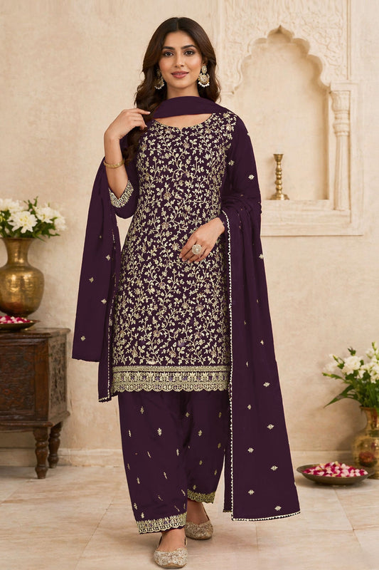 Lovely Purple Georgette Straight Salwar Suit Embroidery Work for Women