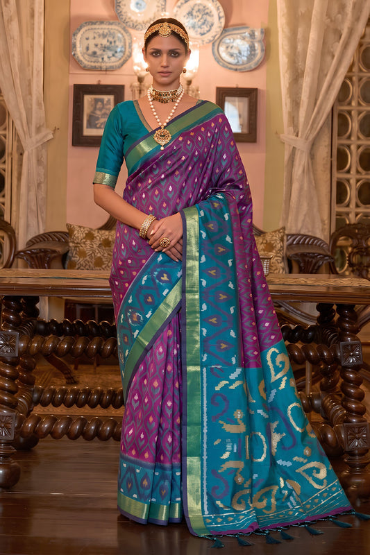 Stylish Purple Soft Silk Woven Printed Designer Saree with Woven Border