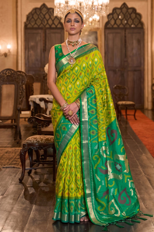 Vibrant Lime Green Soft Silk Woven Printed Saree Green Woven Border