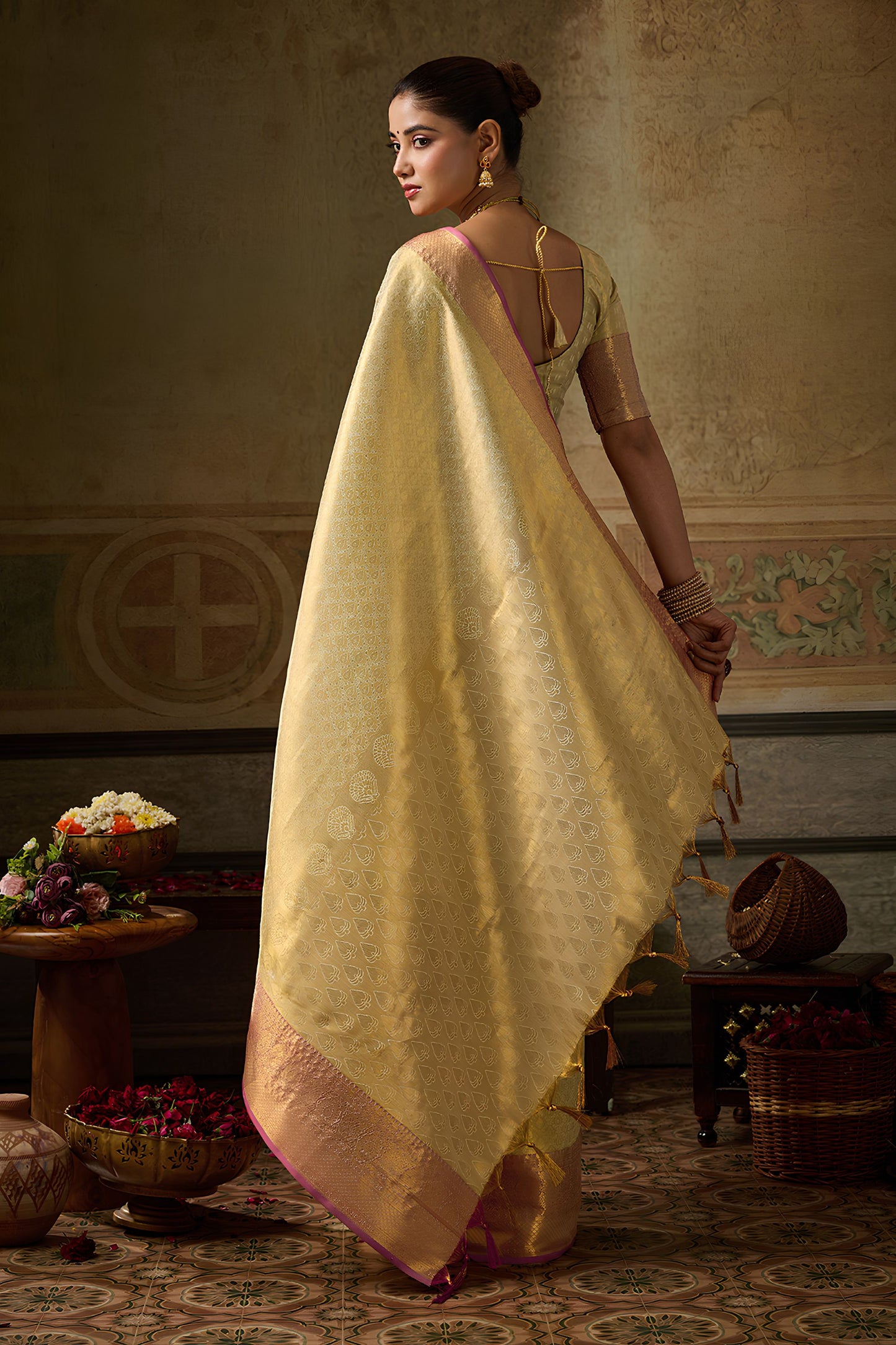 Premium Cream Kanchivaram Silk Woven Jari Saree