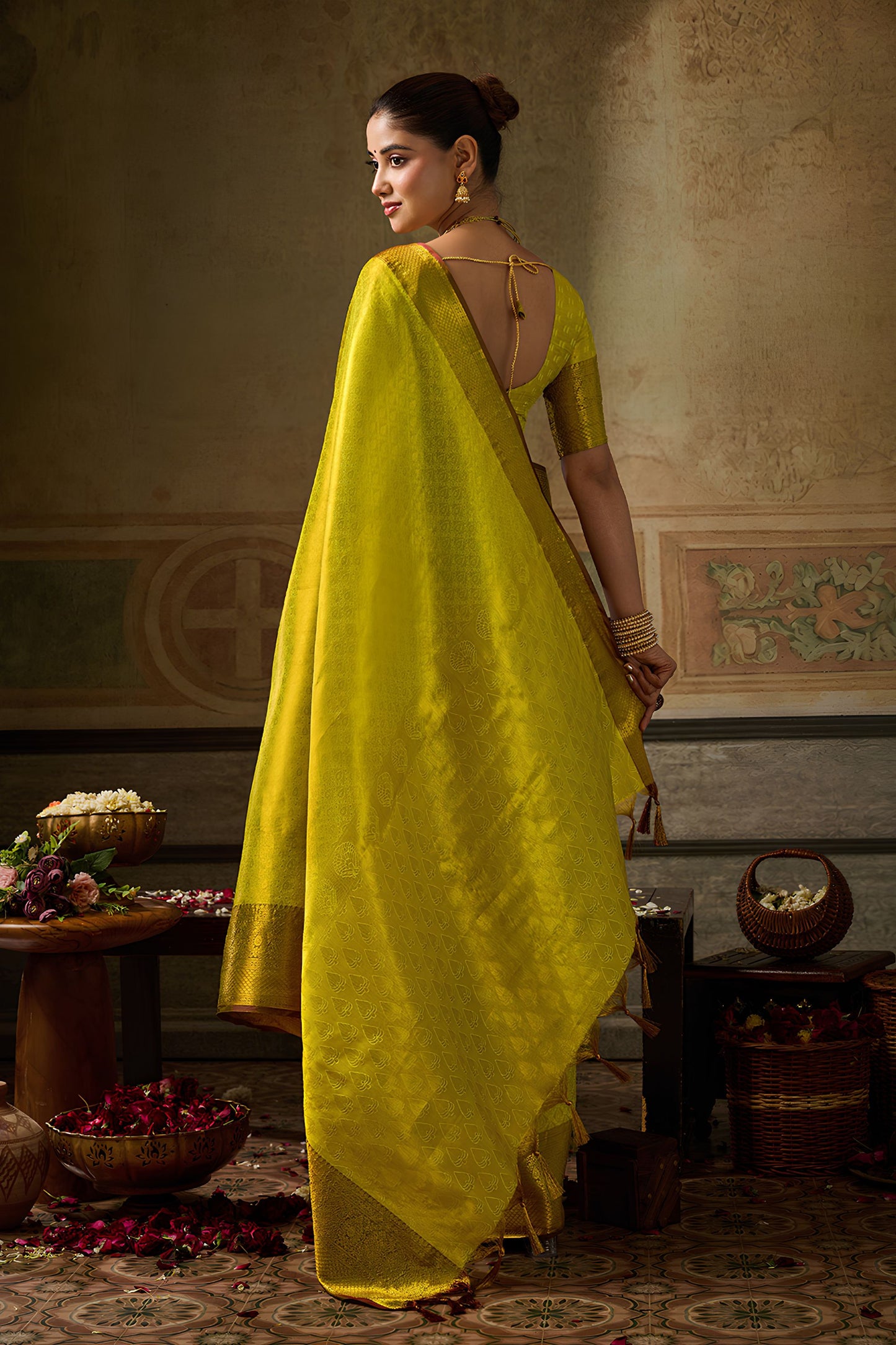 Stunning Yellow Kanchivaram Silk Woven Jari Designer Saree