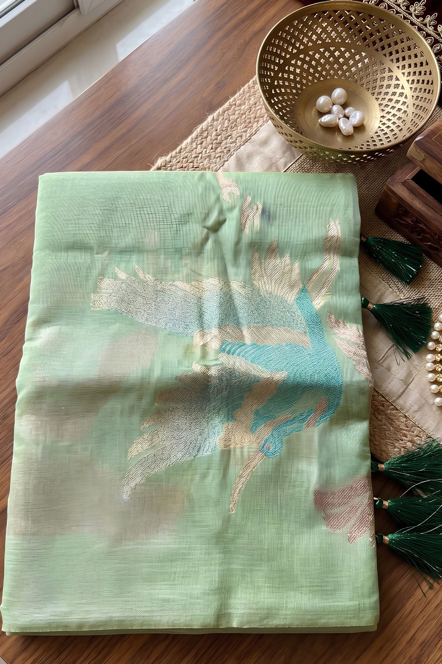 Grateful Sage Green Linen Cotton Woven Designer Saree