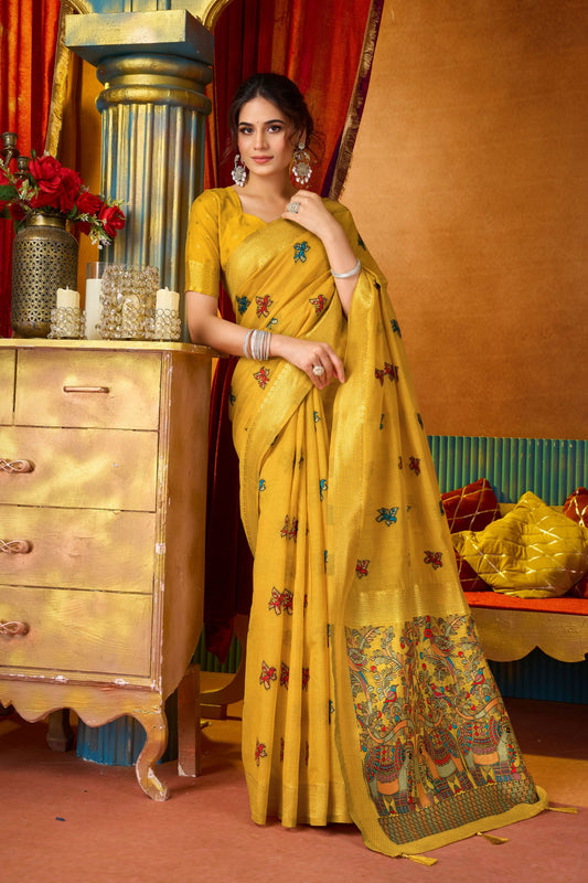 Graceful Mustard Yellow Modal Silk Woven Katha Saree for Women