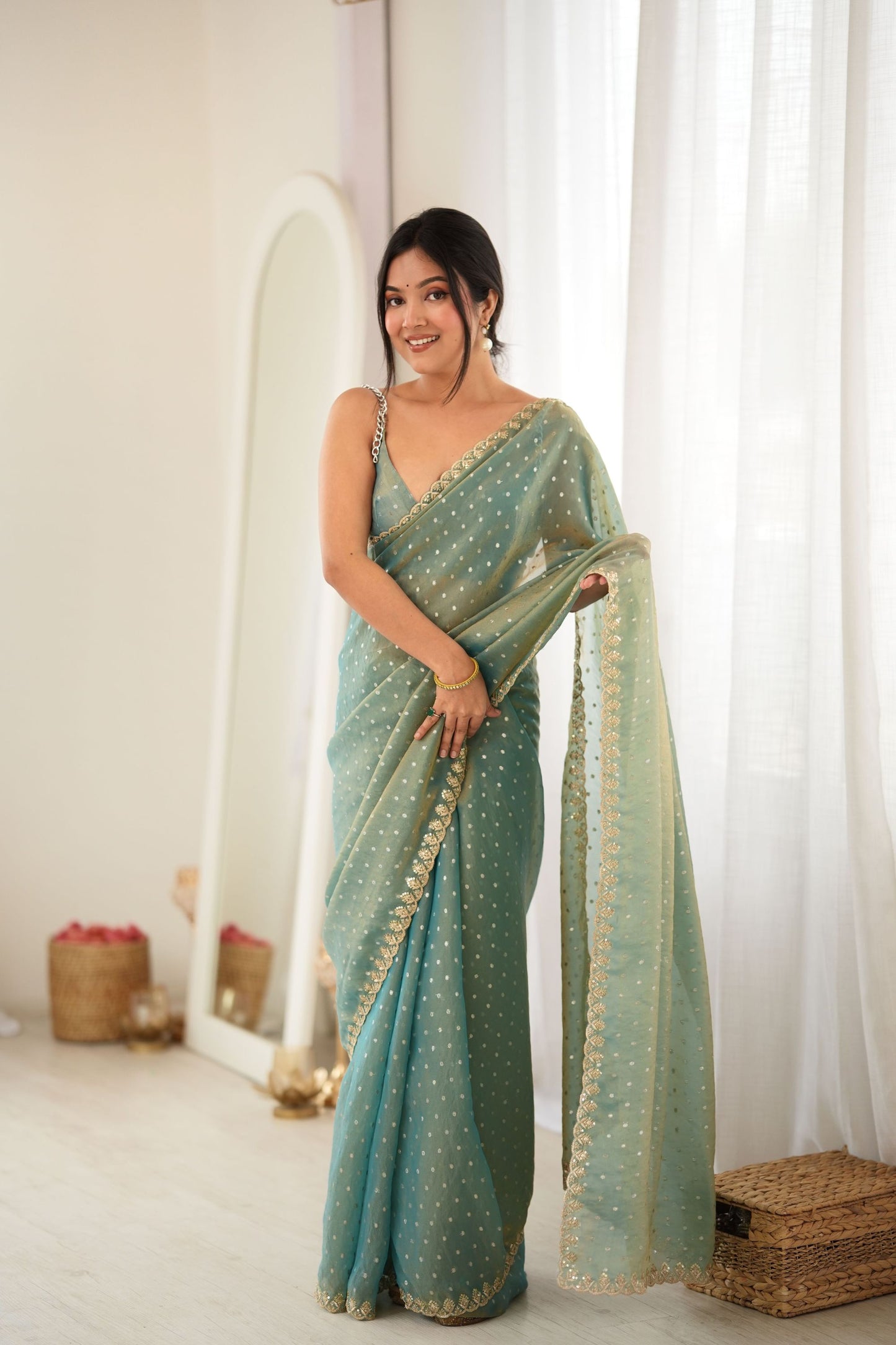 Lovely Sea Green Moss Butti Woven Butti Saree Embroidery Work for Women