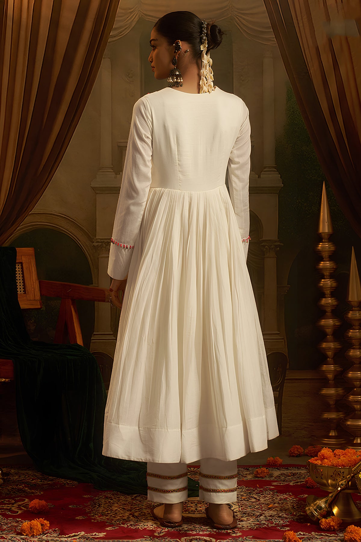 Elegant White Cotton Embroidered Anarkali Suit with Vibrant Kutchi Yoke and Tassels for Women