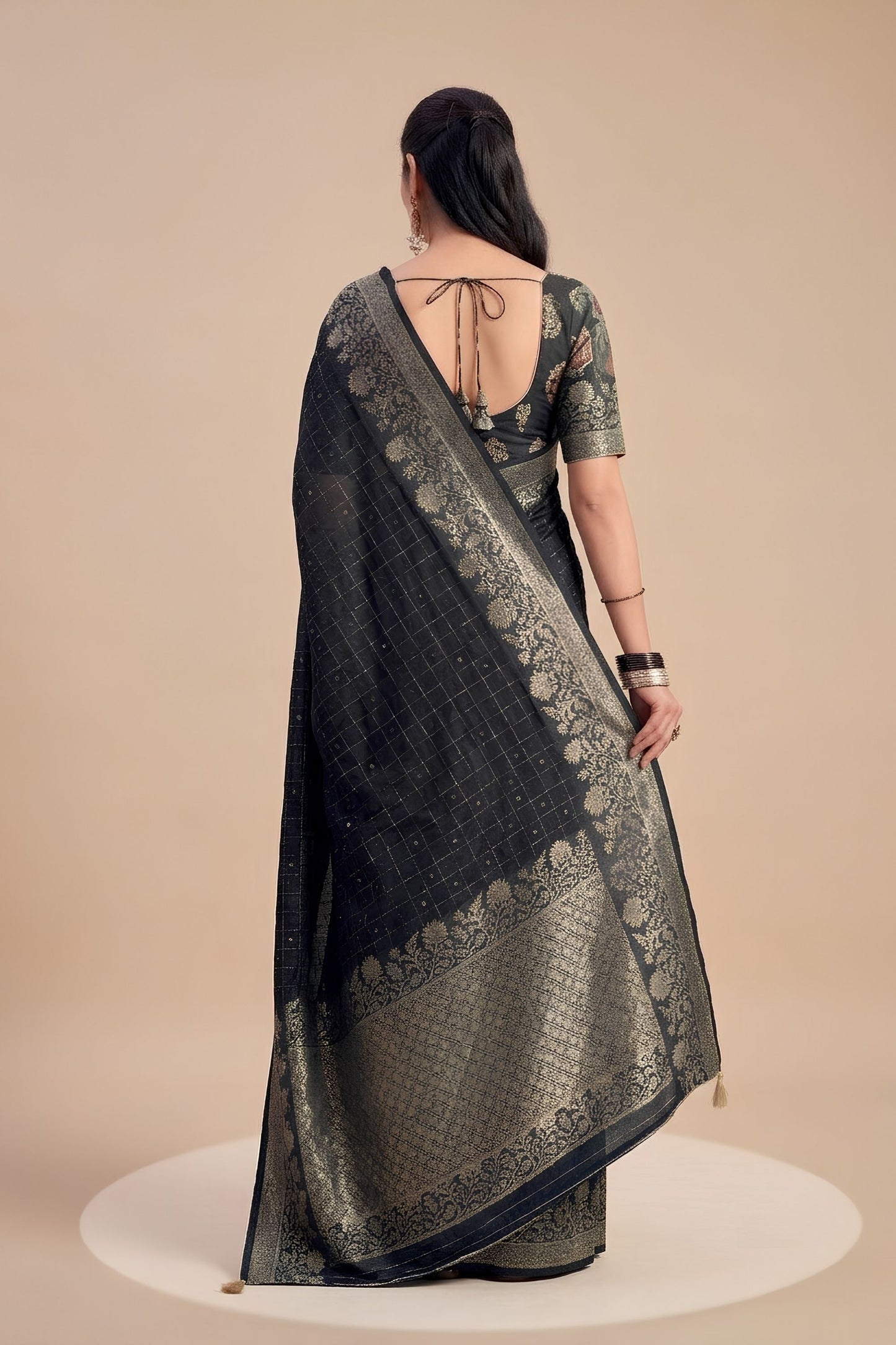 Premium Black Woven Designer Saree Zari Floral Border for Women