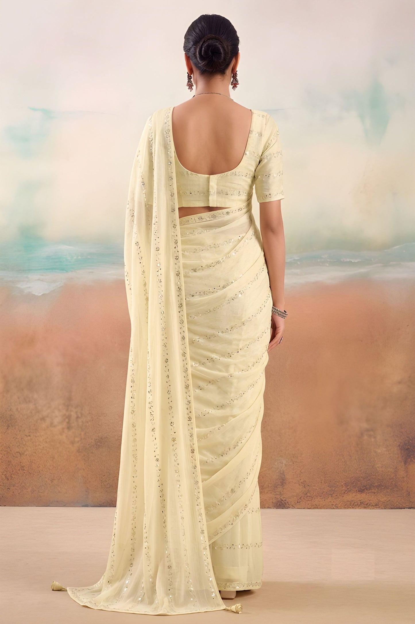 Elegant White Chiffon Designer Saree Embroidery Work for Women