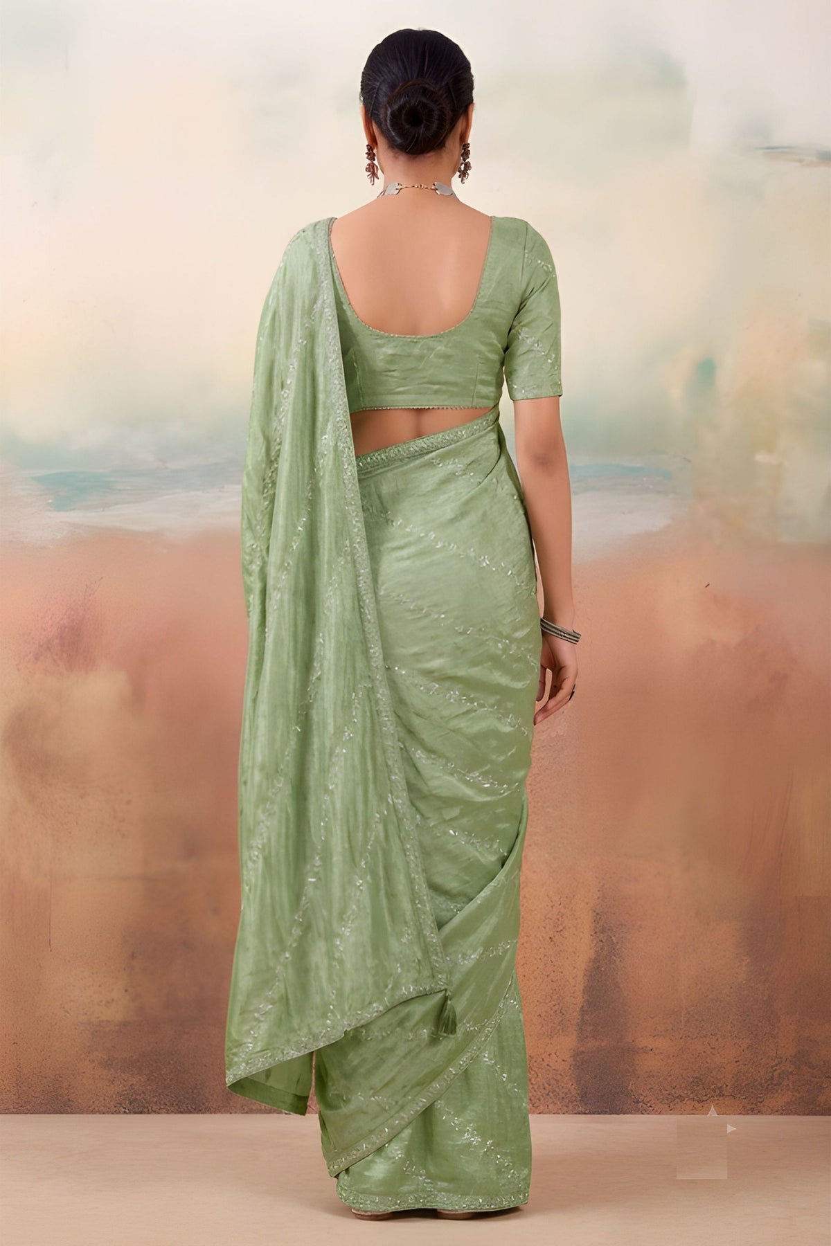 Grateful Sea Green Chiffon Saree Embroidery Work for Women