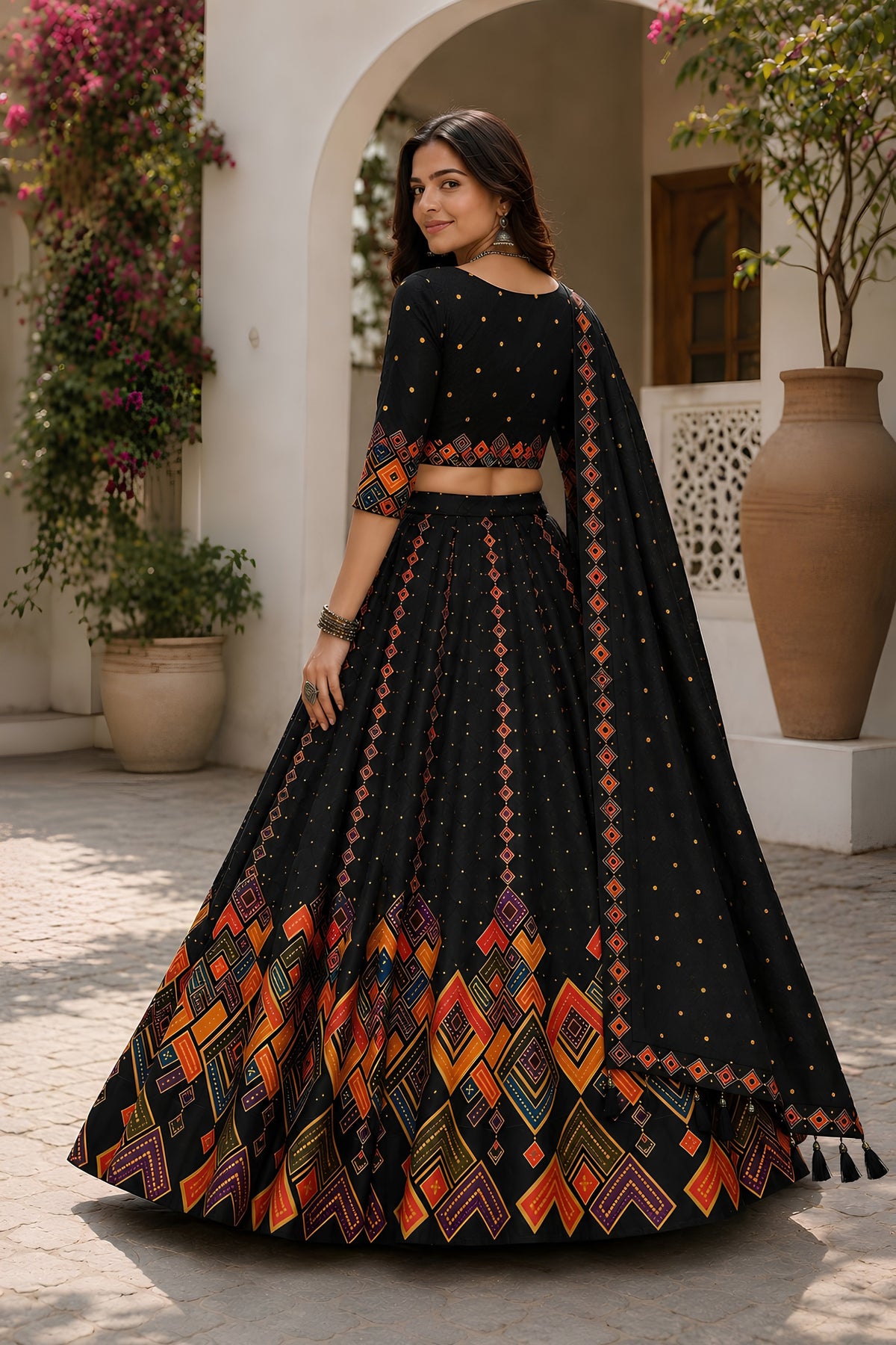 Elegant Black Cotton Rayon Designer Printed Lehenga Choli with Dupatta for Women