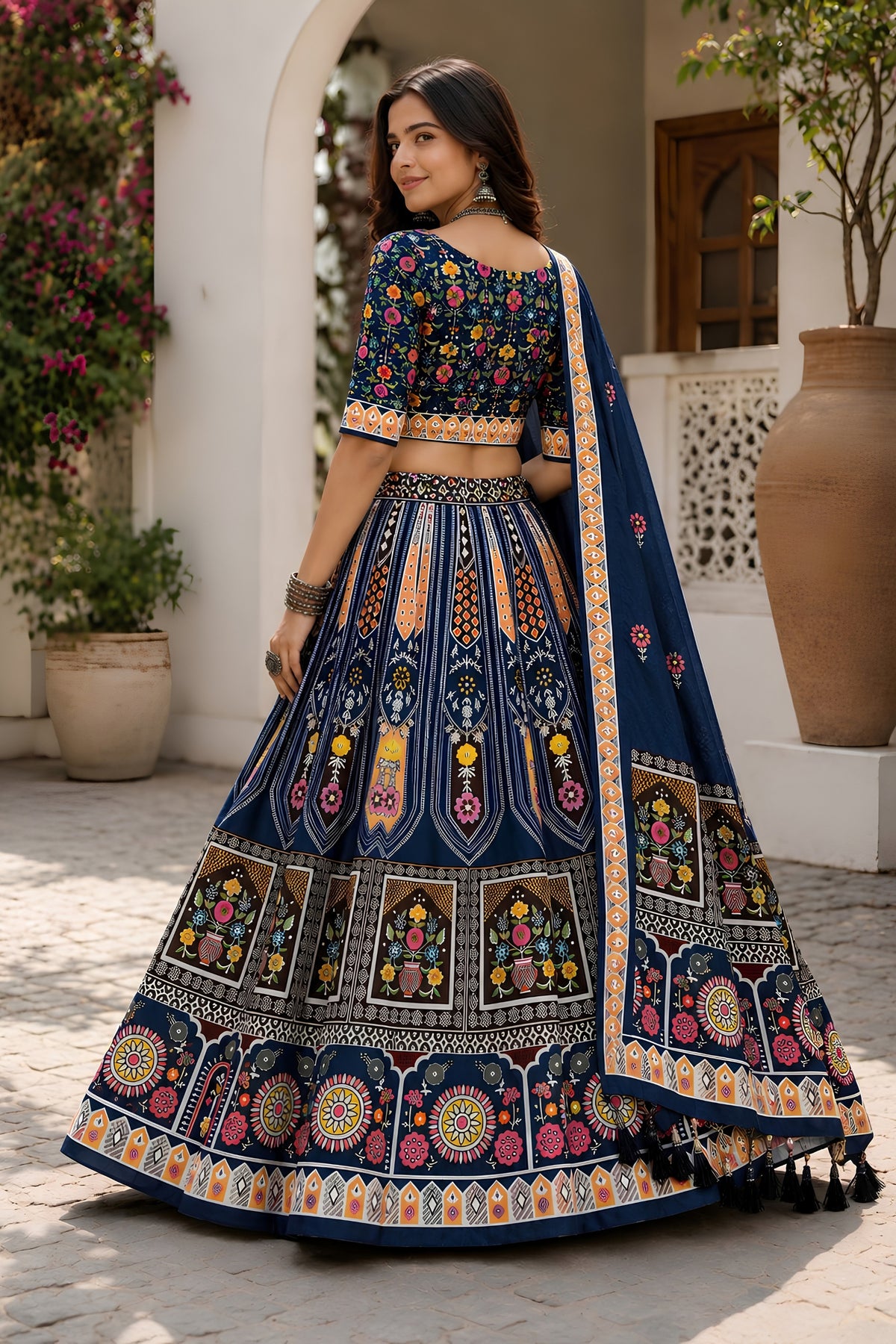 Glorious Navy Blue Cotton Rayon Designer Printed Lehenga Choli with Dupatta for Women