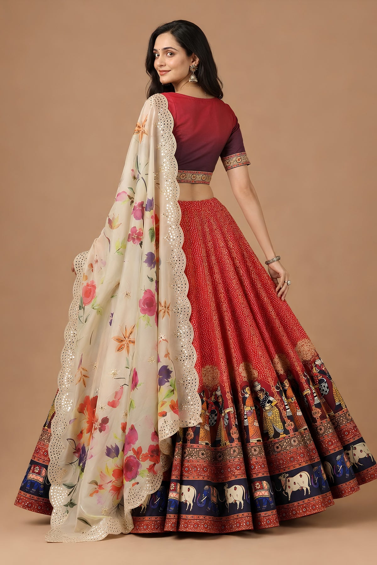 Stunning Red Satin Silk Digital Printed Designer Lehenga Choli with Floral Dupatta for Women