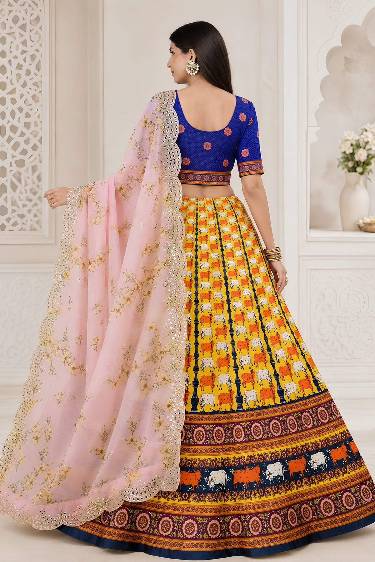 Stylish Yellow Multicolor Digital Printed Designer Lehenga Choli with Floral Dupatta for Women