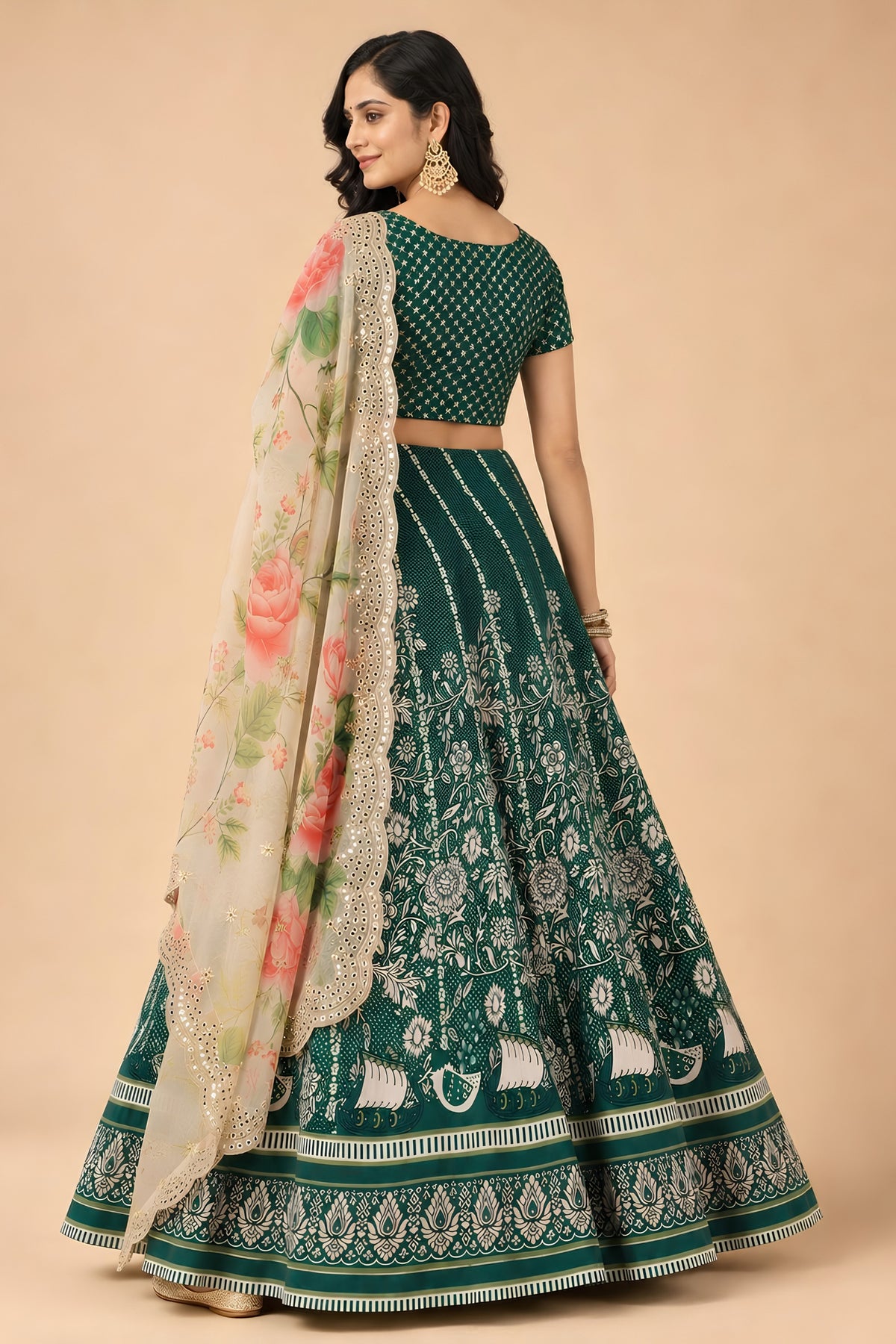 Elegant Green Satin Silk Digital Printed Designer Lehenga Choli with Floral Dupatta for Women